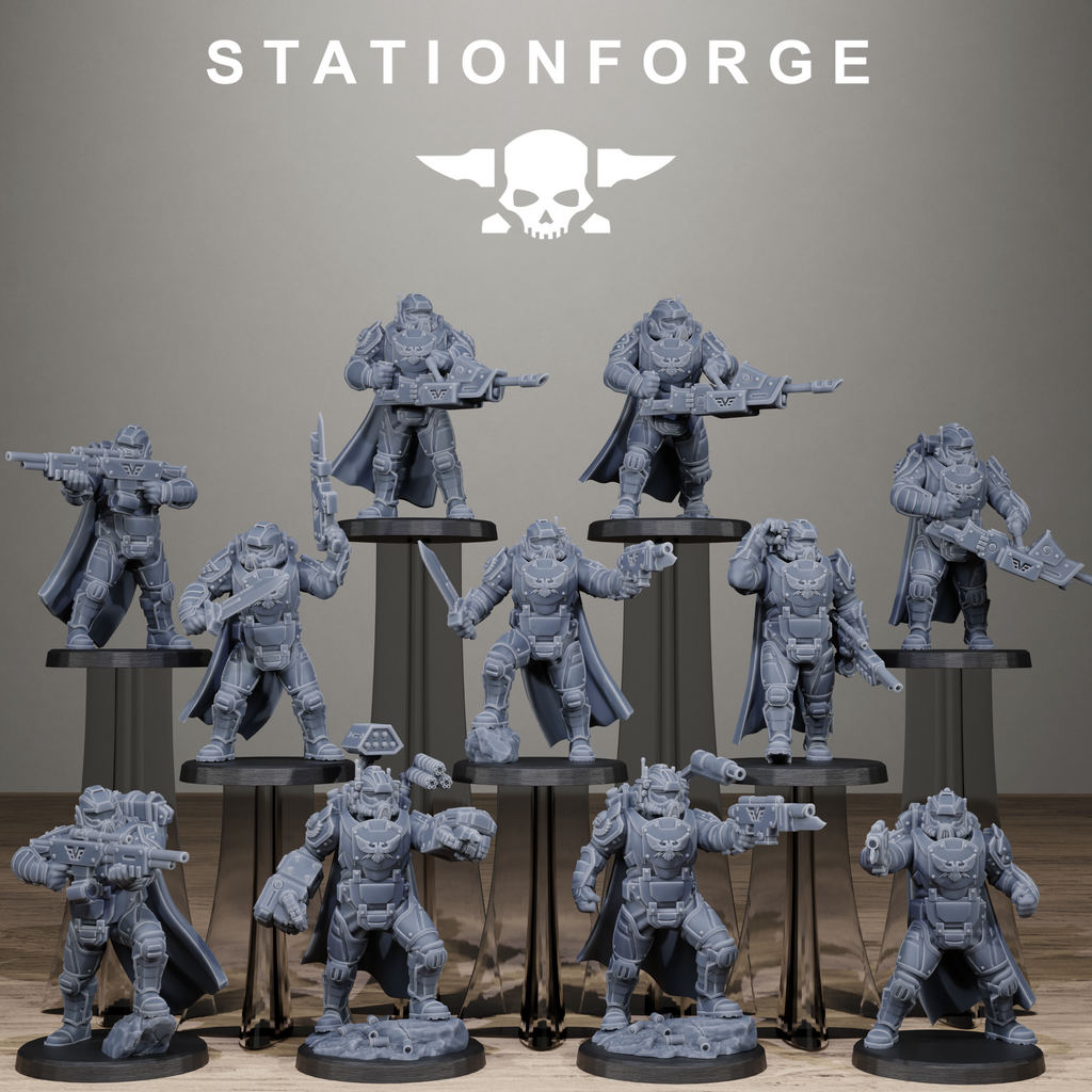 Collection of gray miniature figures on stands with 'Stationforge' logo above.