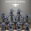 Collection of gray miniature figures on stands with 'Stationforge' logo above.