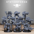 Collection of gray miniature figures on a stand with 'Stationforge' branding. Used for war gaming 