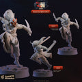Daggers Oni assassin demon miniatures 3D printed in 16K resin for D&D and Pathfinder tabletop RPG, two horned oni rogues mid-leap with dual blades in heroic 32mm scale.