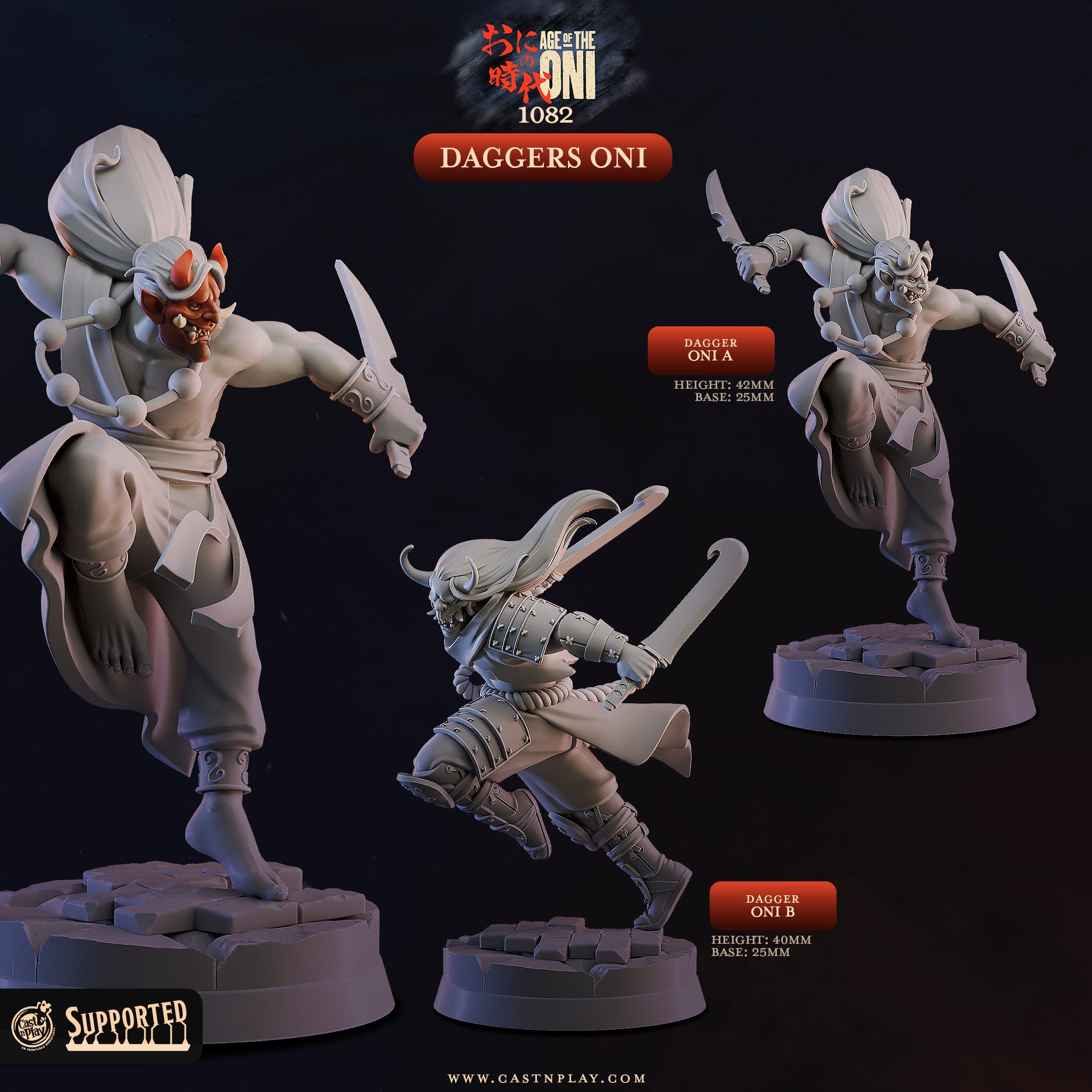 Daggers Oni assassin demon miniatures 3D printed in 16K resin for D&D and Pathfinder tabletop RPG, two horned oni rogues mid-leap with dual blades in heroic 32mm scale.