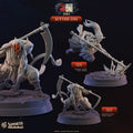 Scythe Oni reaper demon miniatures 3D printed in 16K resin for D&D and Pathfinder tabletop RPG, two horned oni death dealers crouched and lunging with massive curved scythes in heroic 32mm scale.