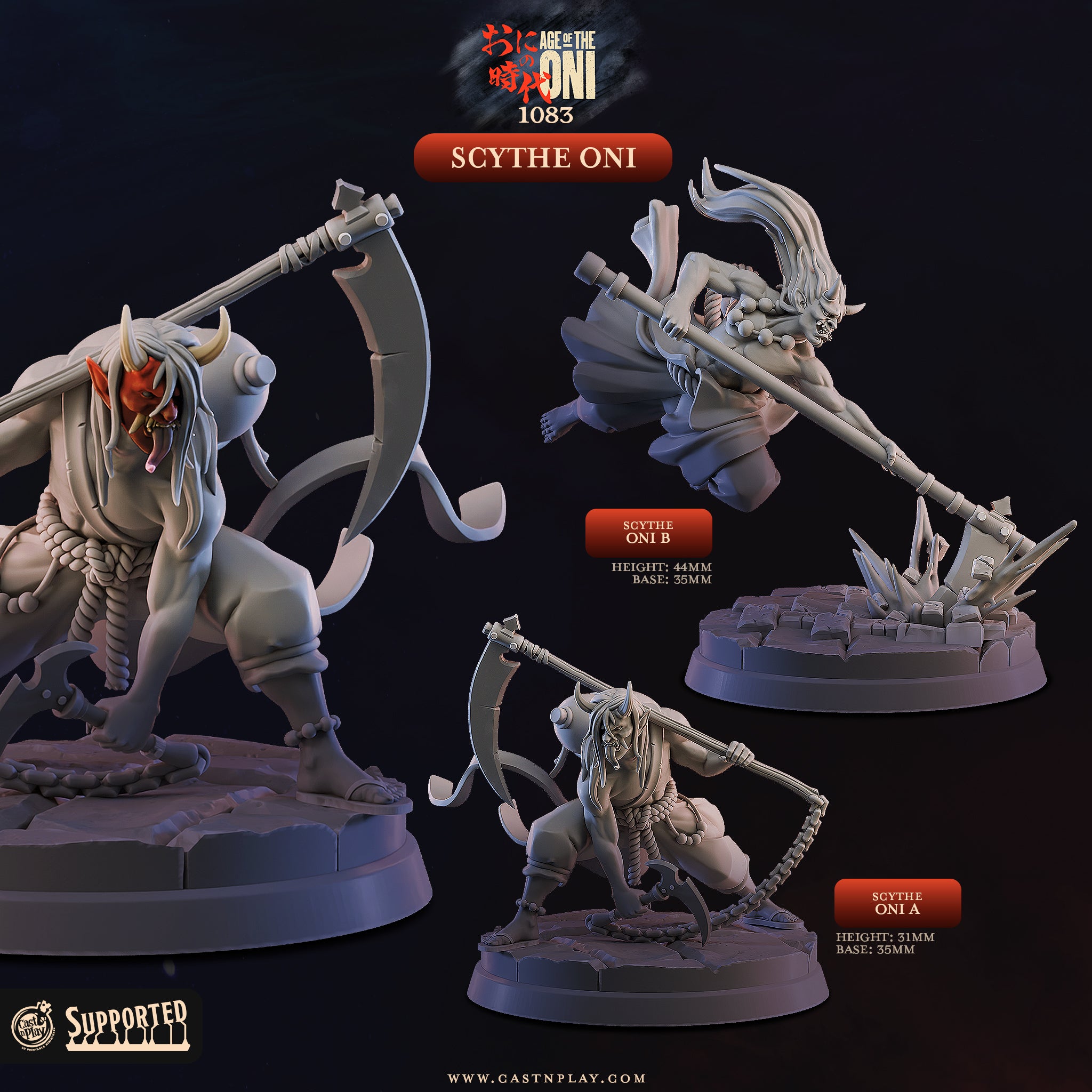 Scythe Oni reaper demon miniatures 3D printed in 16K resin for D&D and Pathfinder tabletop RPG, two horned oni death dealers crouched and lunging with massive curved scythes in heroic 32mm scale.