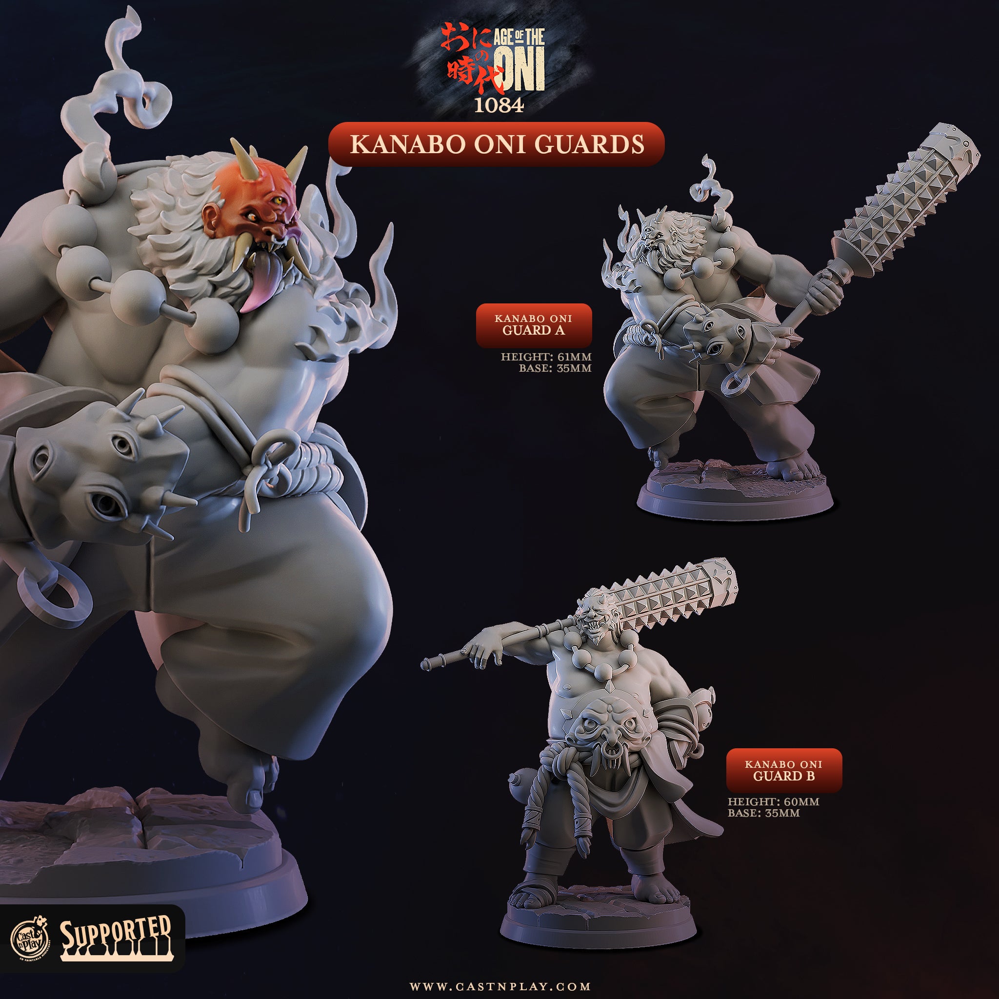 Kanabo Oni Guard demon miniatures 3D printed in 16K resin for D&D and Pathfinder tabletop RPG, two hulking horned oni brutes shouldering spiked kanabo war clubs in heroic 32mm scale.