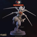 Multiarmed Oni demon swordmaster miniature 3D printed in 16K resin for D&D and Pathfinder tabletop RPG, a four-armed horned oni wielding four katanas in a dynamic spinning pose at heroic 32mm scale.