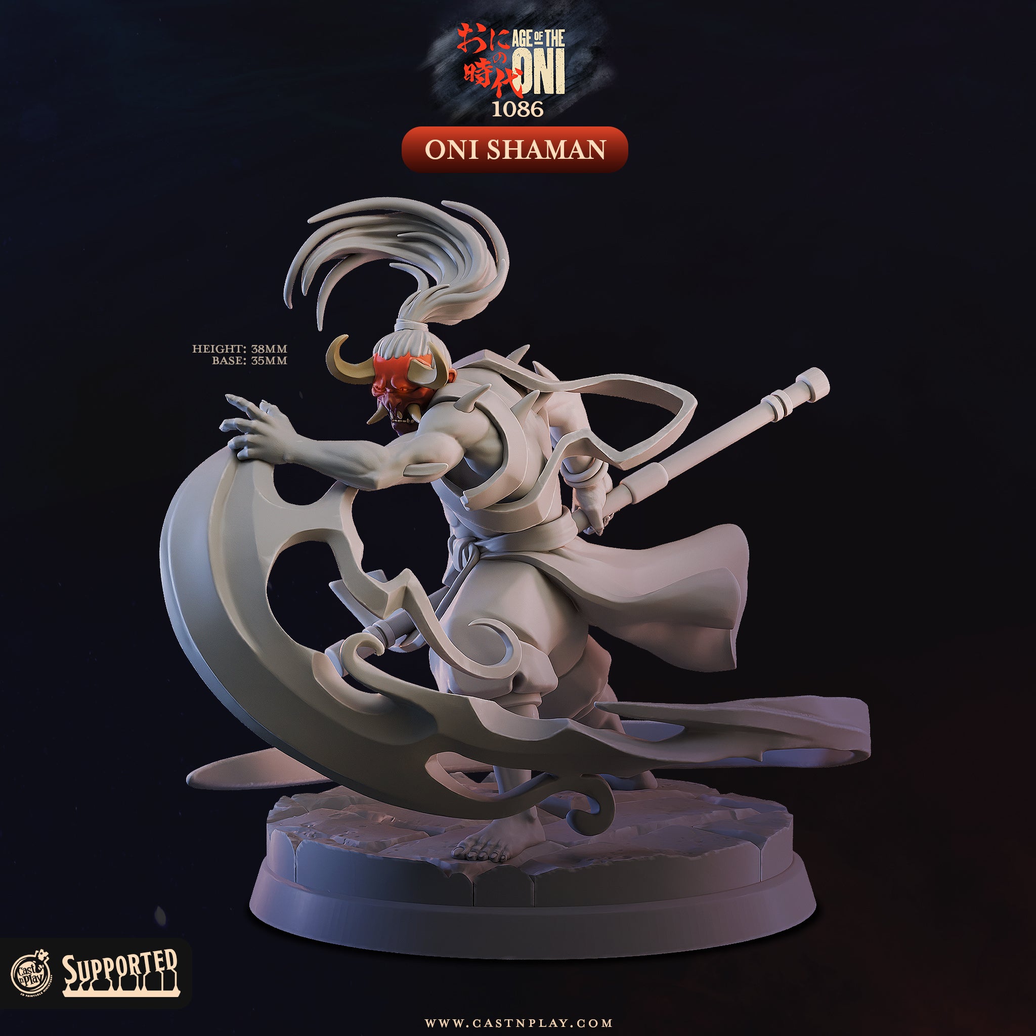 Oni Shaman demon spellcaster miniature 3D printed in 16K resin for D&D and Pathfinder tabletop RPG, a horned oni mystic channeling spirit magic with a hooked staff in heroic 32mm scale.