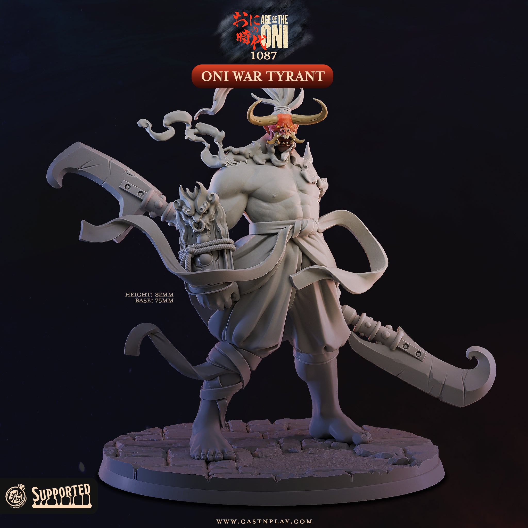 Oni War Tyrant boss demon miniature 3D printed in 16K resin for D&D and Pathfinder tabletop RPG, a massive horned oni warlord wielding twin curved cleavers on a 75mm base, sized as an epic boss encounter for heroic 32mm scale tabletop wargaming.
