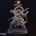 Oni War Monk demon martial artist miniature 3D printed in 16K resin for D&D and Pathfinder tabletop RPG, a horned oni monk in fighting stance with halo, prayer beads, and staff at heroic 32mm scale on a 50mm base.