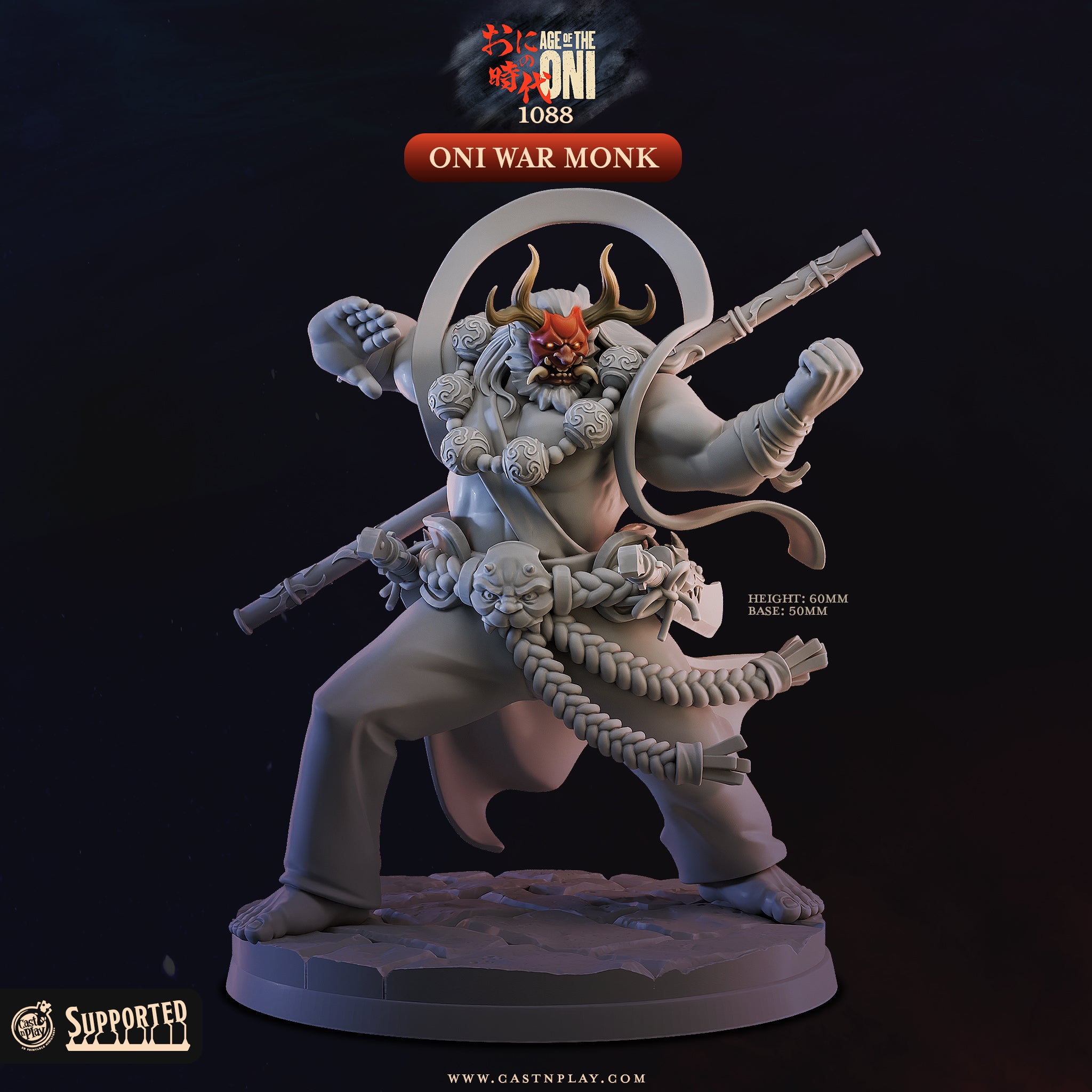 Oni War Monk demon martial artist miniature 3D printed in 16K resin for D&D and Pathfinder tabletop RPG, a horned oni monk in fighting stance with halo, prayer beads, and staff at heroic 32mm scale on a 50mm base.