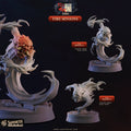Fire Minion fire spirit demon miniatures 3D printed in 16K resin for D&D and Pathfinder tabletop RPG, two horned fire elemental imps emerging from flame swirls in heroic 32mm scale, perfect summoned monster encounters.