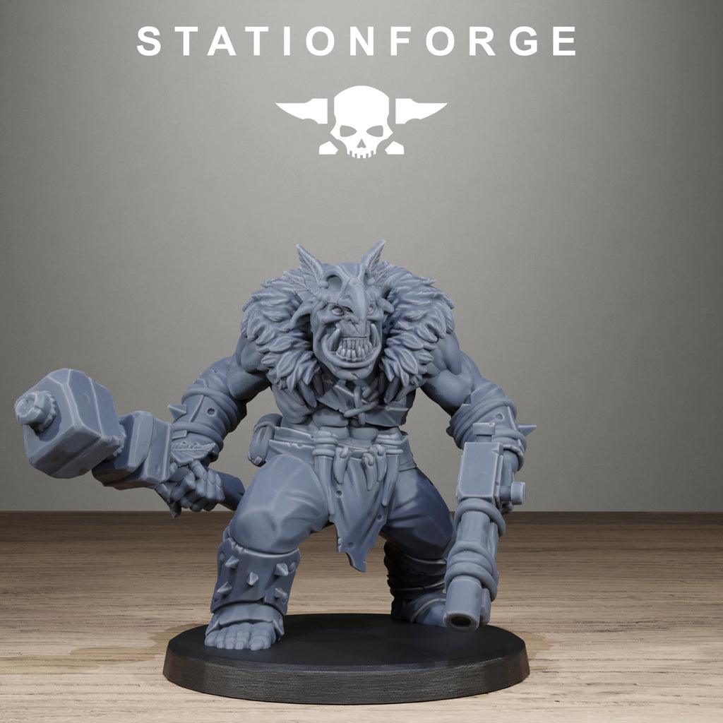 Gray wolf-like creature figurine with weapons on a wooden surface, Stationforge logo above.