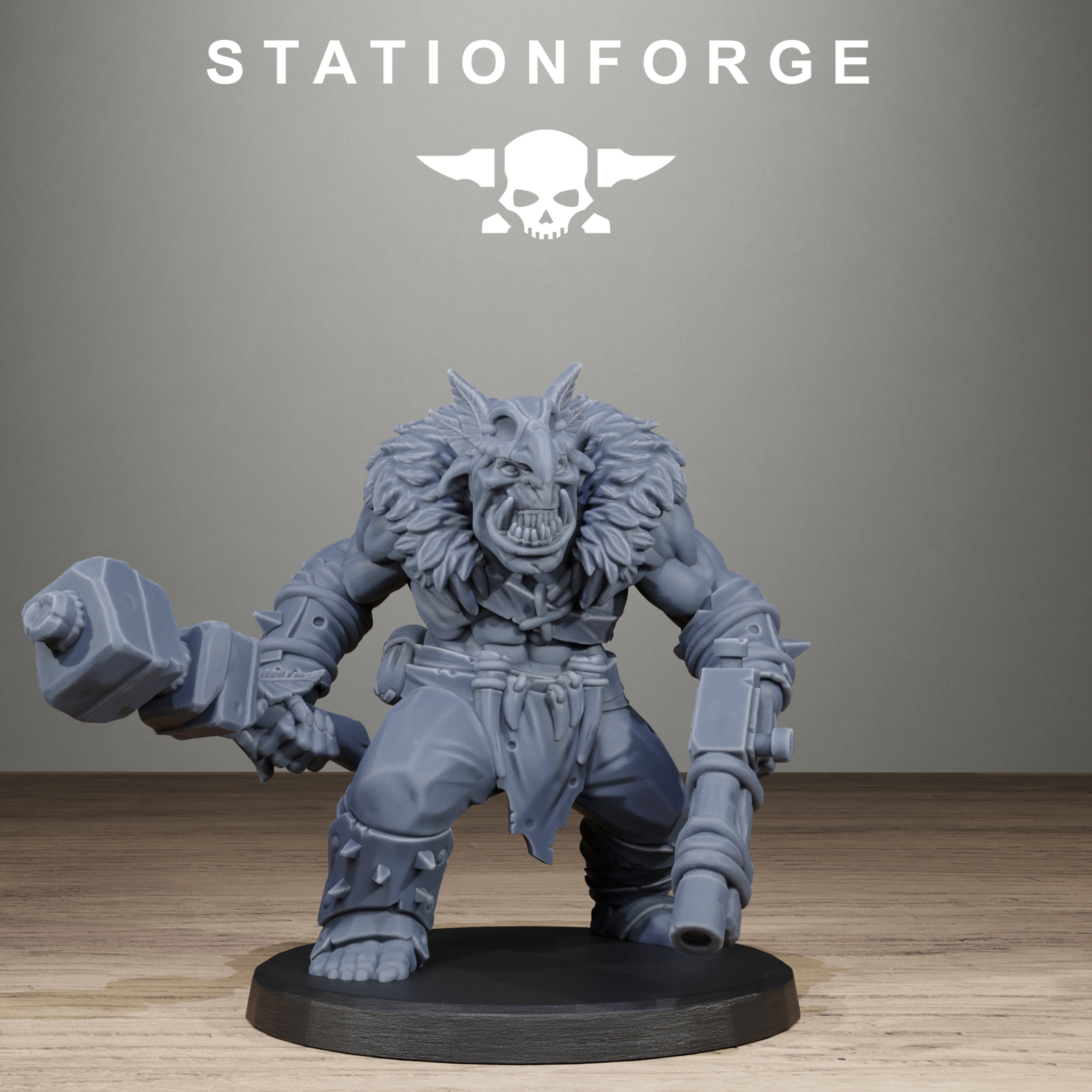 Gray wolf-like creature figurine with weapons on a wooden surface, Stationforge logo above.