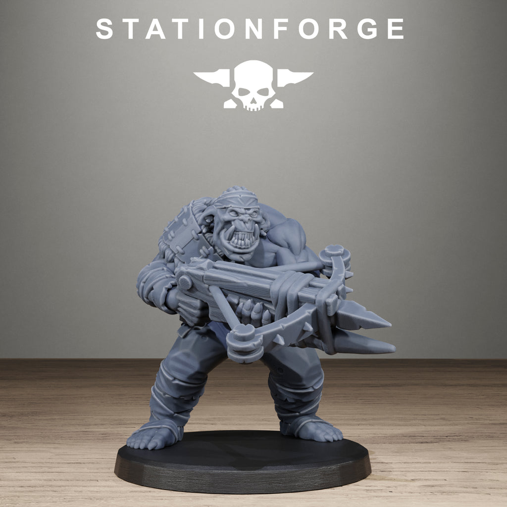 Gray miniature figure with a weapon on a black base against a gray background with 'Stationforge' logo.