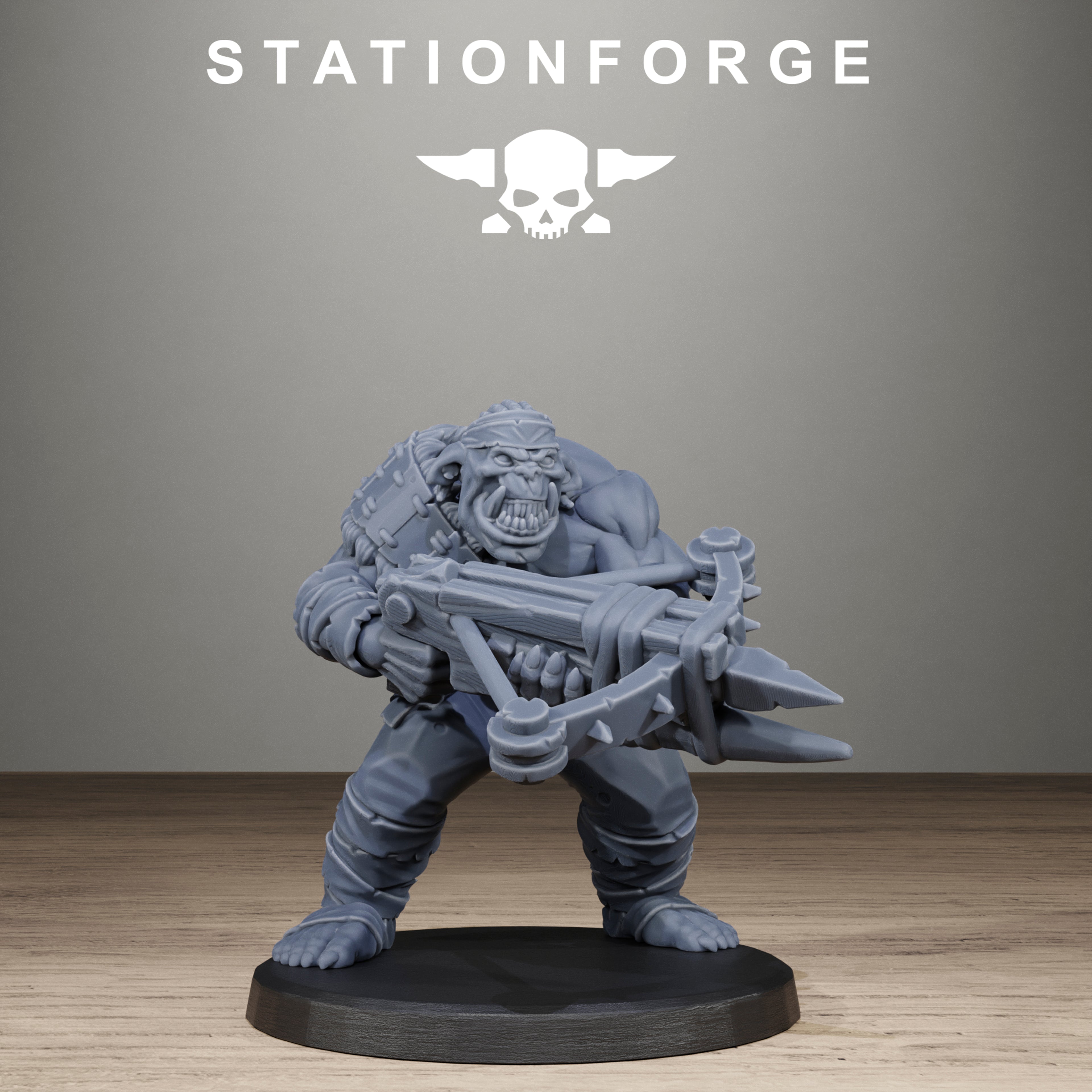 Gray miniature figure with a weapon on a black base against a gray background with 'Stationforge' logo.