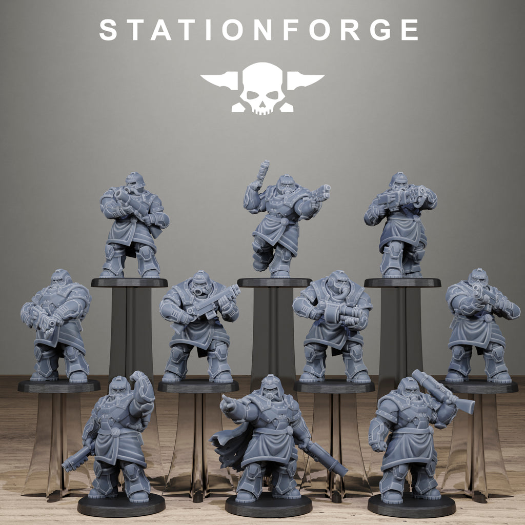 Collection of gray miniature figurines on stands with 'Stationforge' branding above. space 