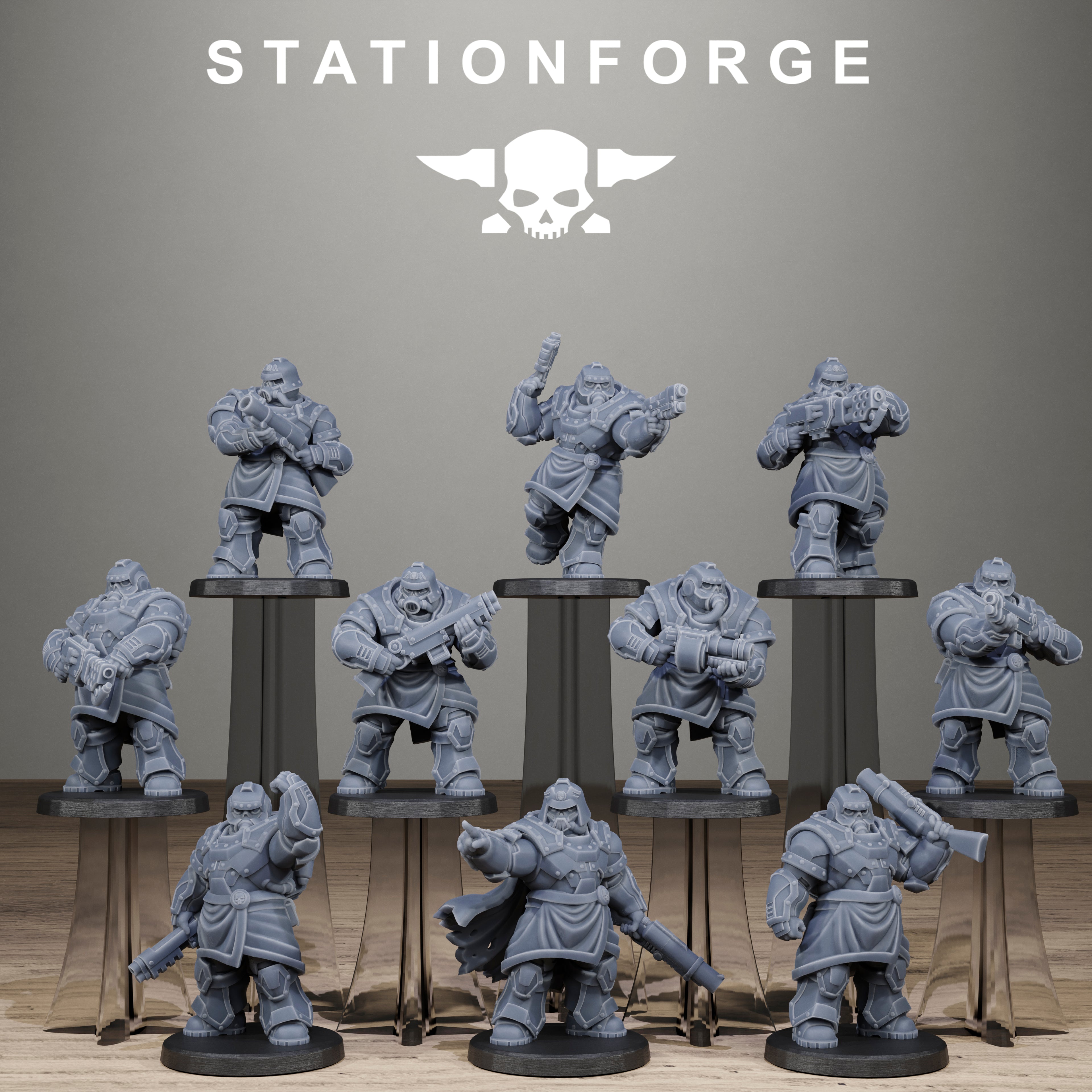 Collection of gray miniature figurines on stands with 'Stationforge' branding above. space 