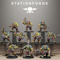 Collection of miniatures on stands with 'Stationforge' branding above.