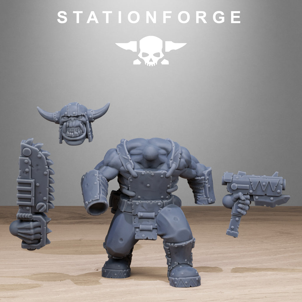 Gray figurine with accessories on a wooden surface, featuring 'Stationforge' branding.