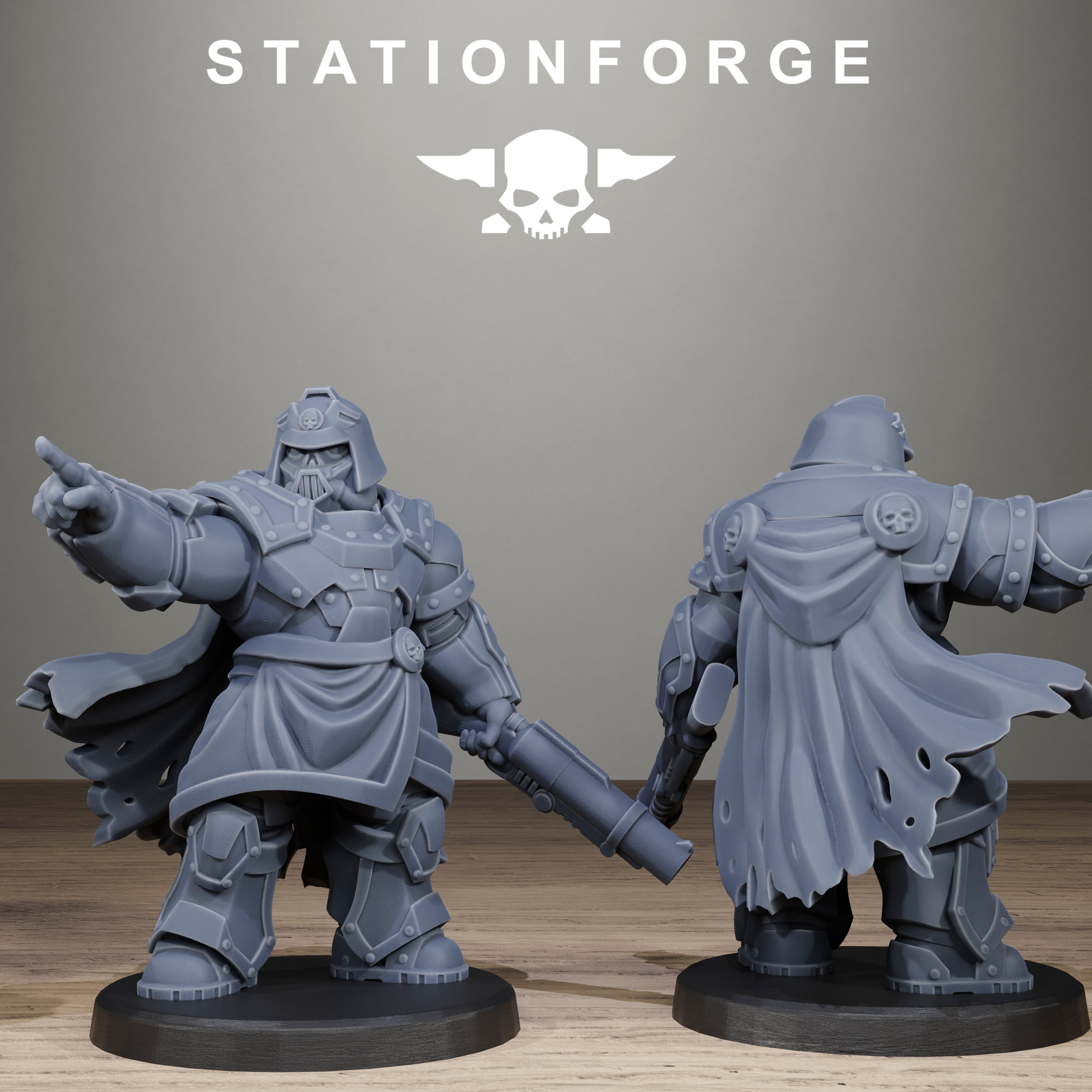 Two gray figurines on a wooden surface with 'Stationforge' logo above.