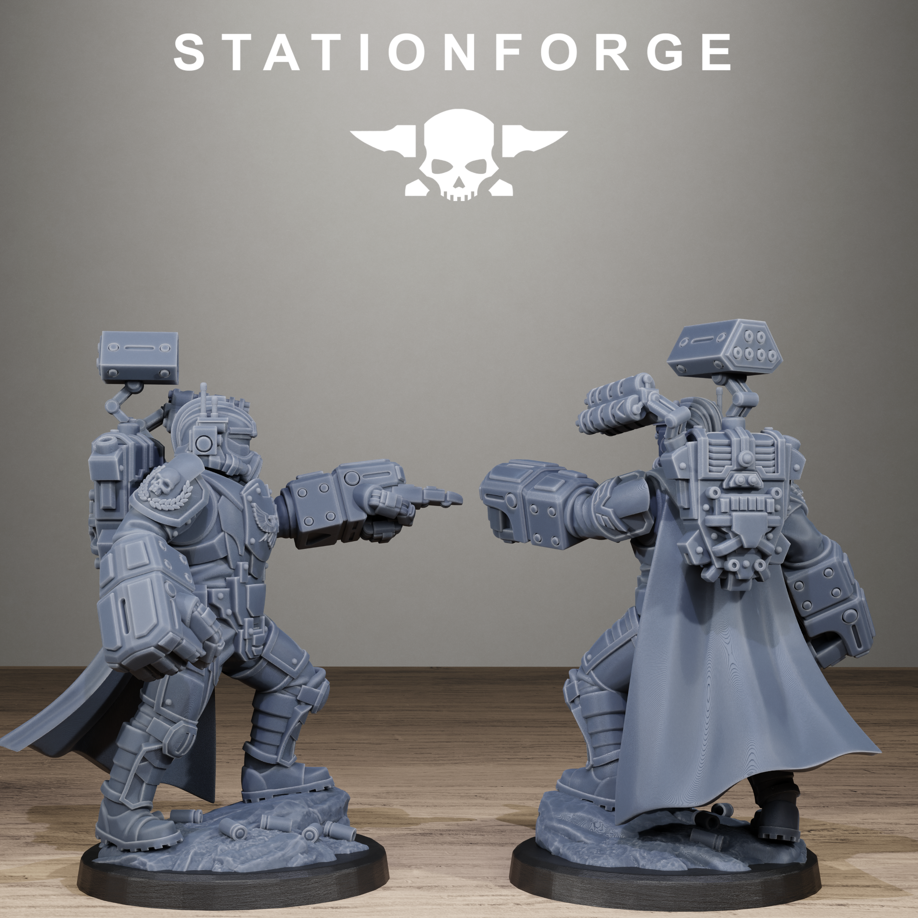 Two gray scale model figures withStationForge logo in the background