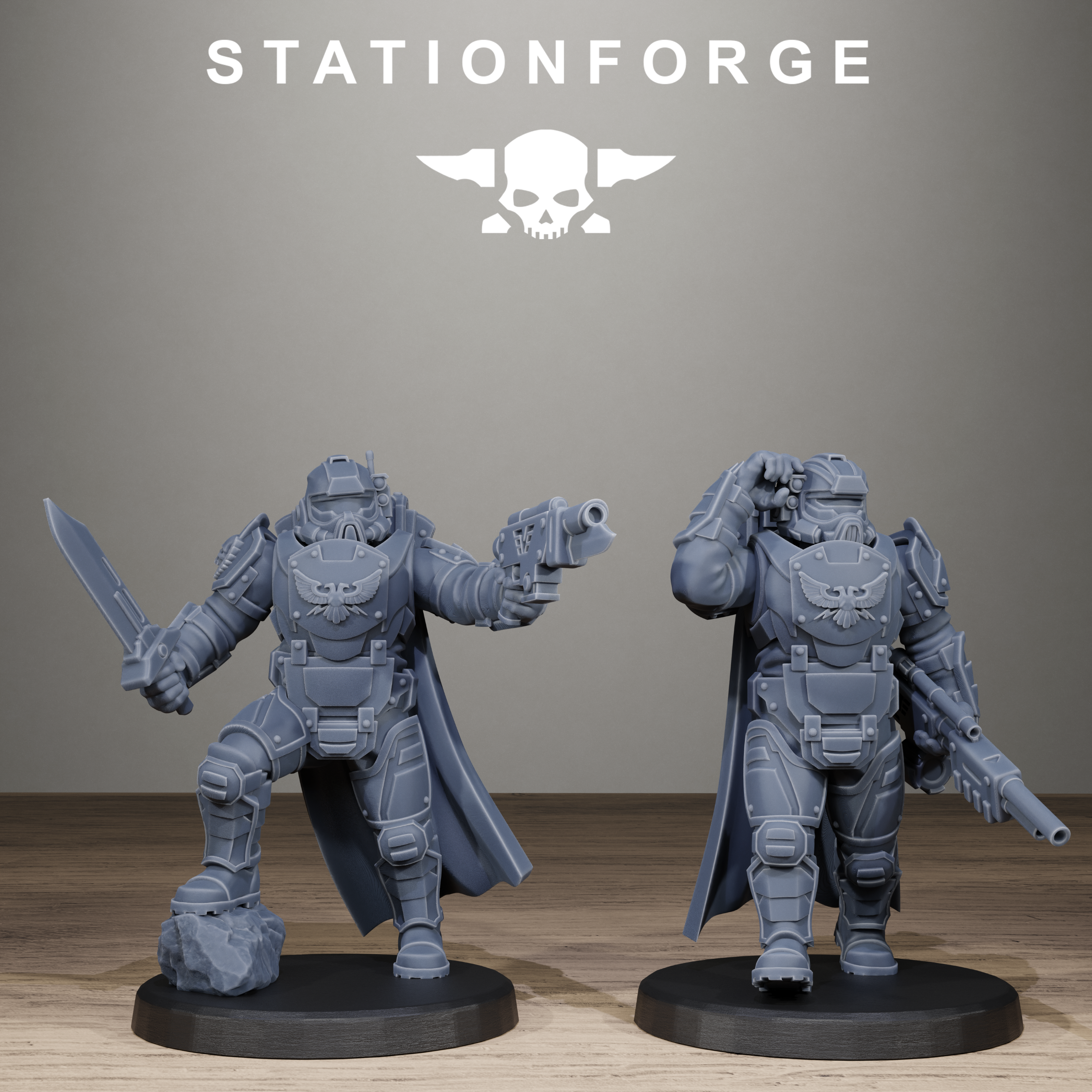 Two gray warrior figurines on black bases with 'Stationforge' logo above.