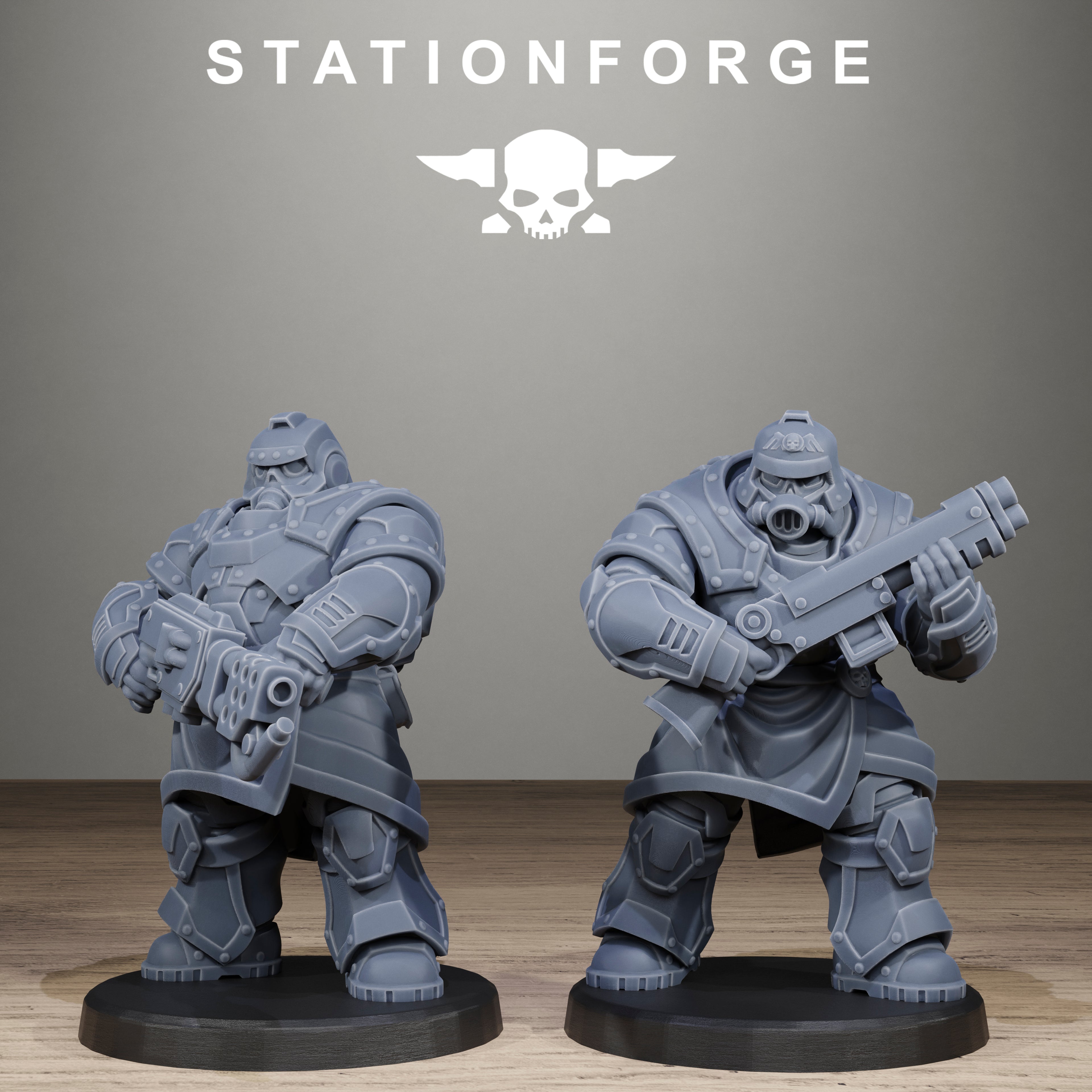 Two gray figurines with weapons on a wooden surface, featuring the Stationforge logo.