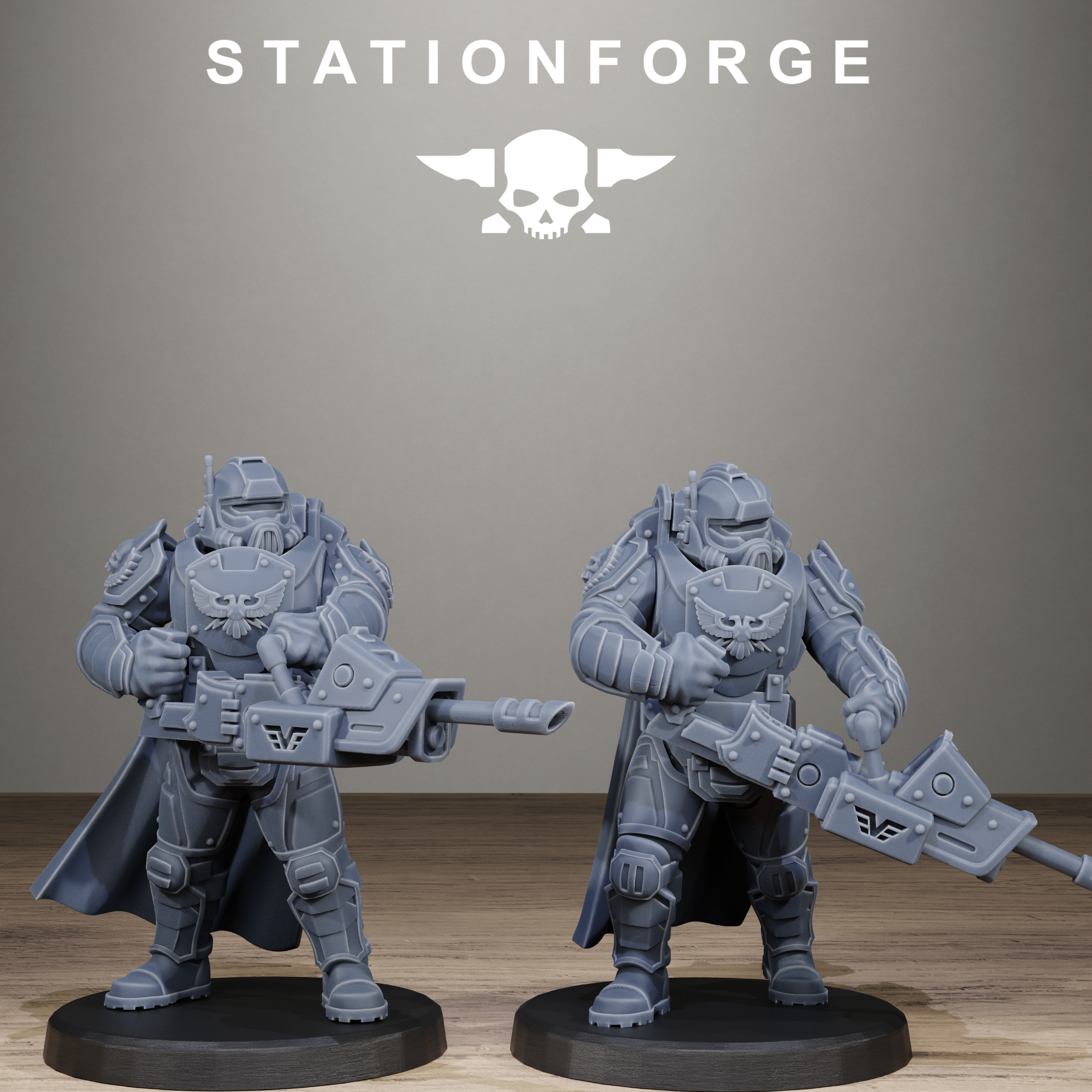 Two gray warrior figurines with weapons on black bases against a gray background with 'Stationforge' branding.