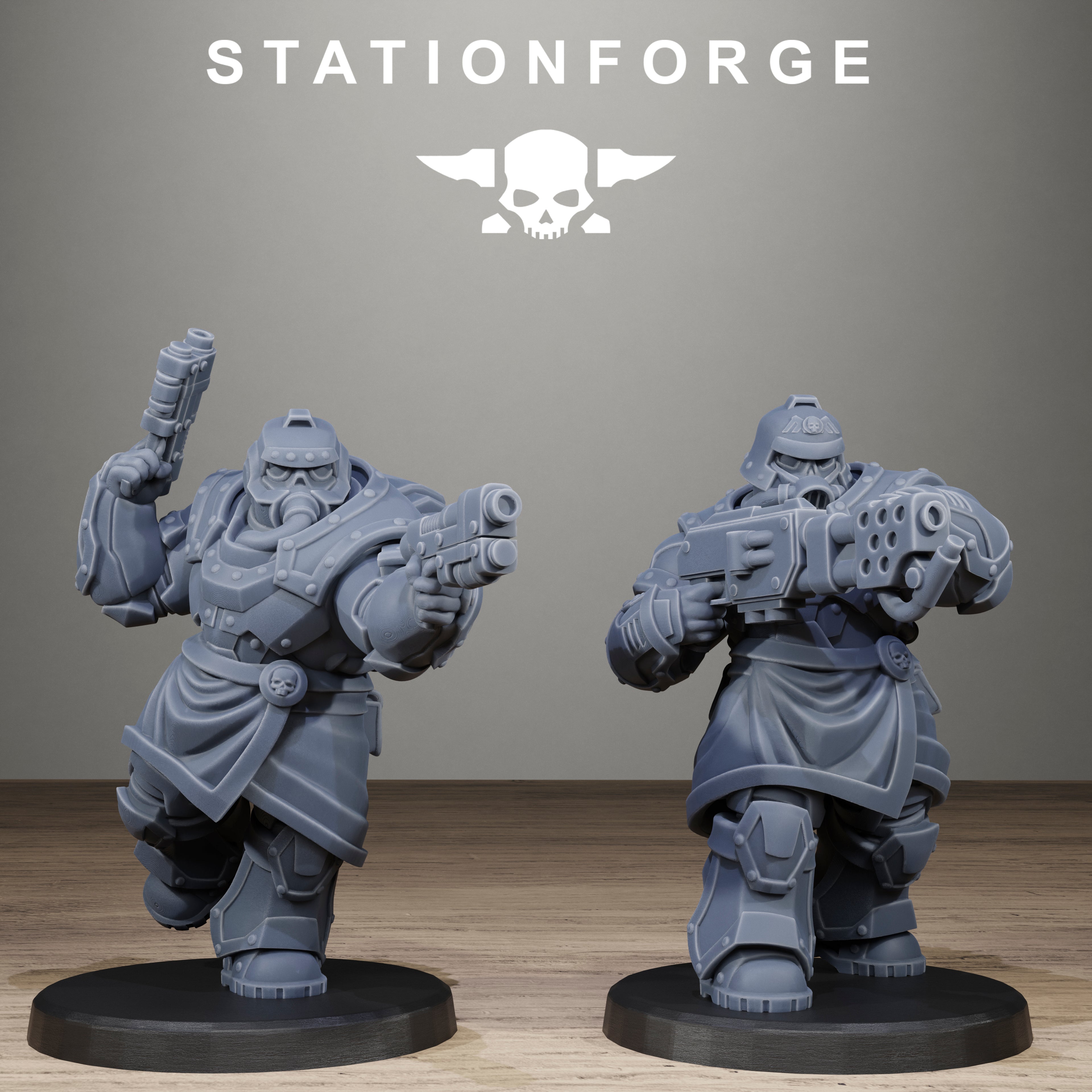 Two gray warrior figurines with weapons on a wooden surface, featuring the Stationforge logo.