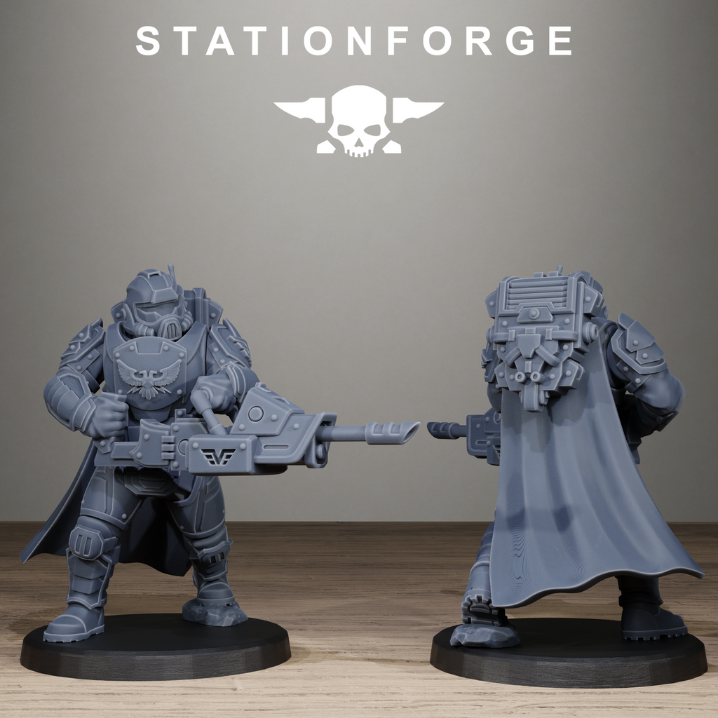 Two gray figurines with weapons on a wooden surface, featuring the Stationforge logo.
