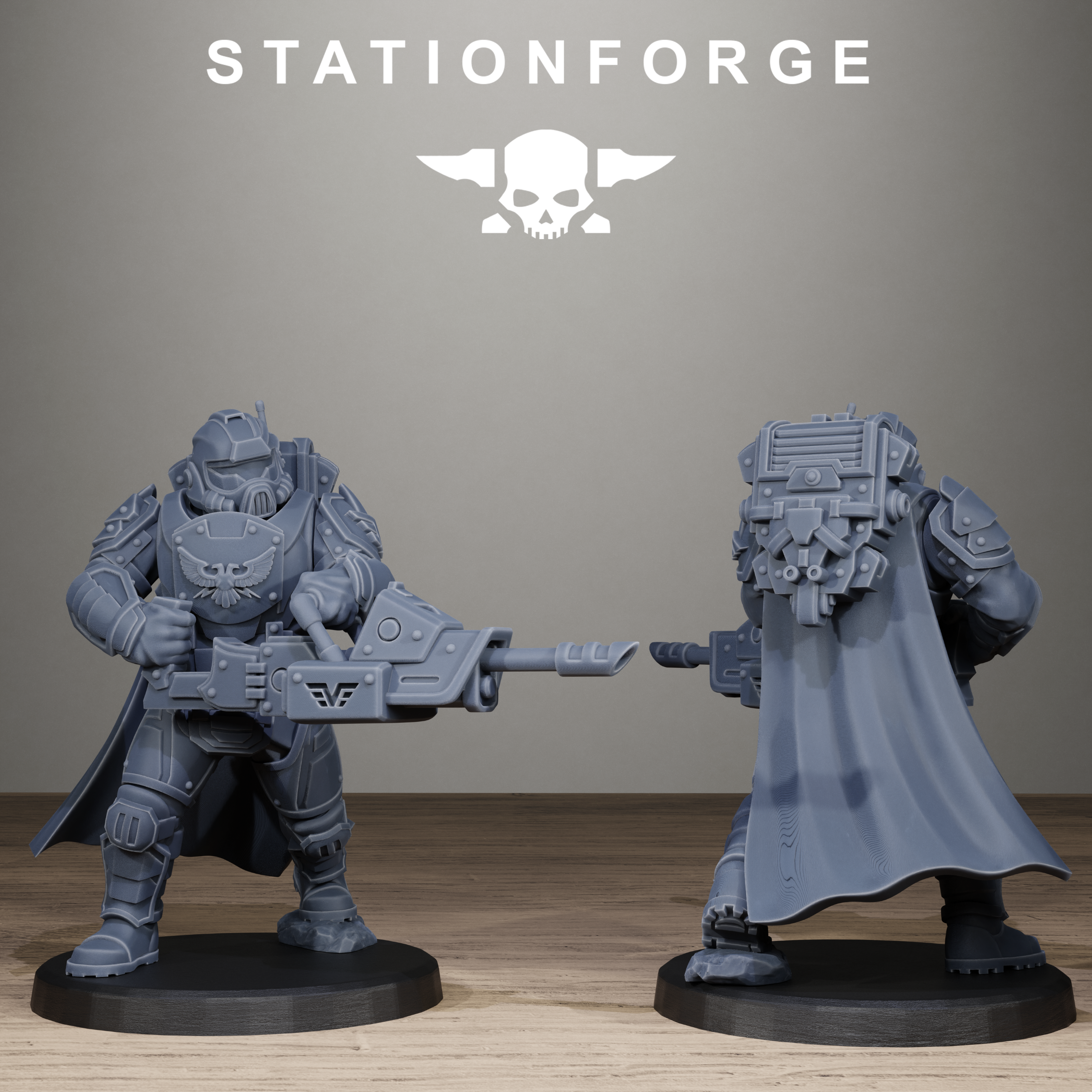 Two gray figurines with weapons on a wooden surface, featuring the Stationforge logo.