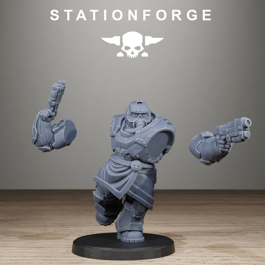 Gray warrior figurine with weapons on a black base against a gray background with 'Stationforge' logo.