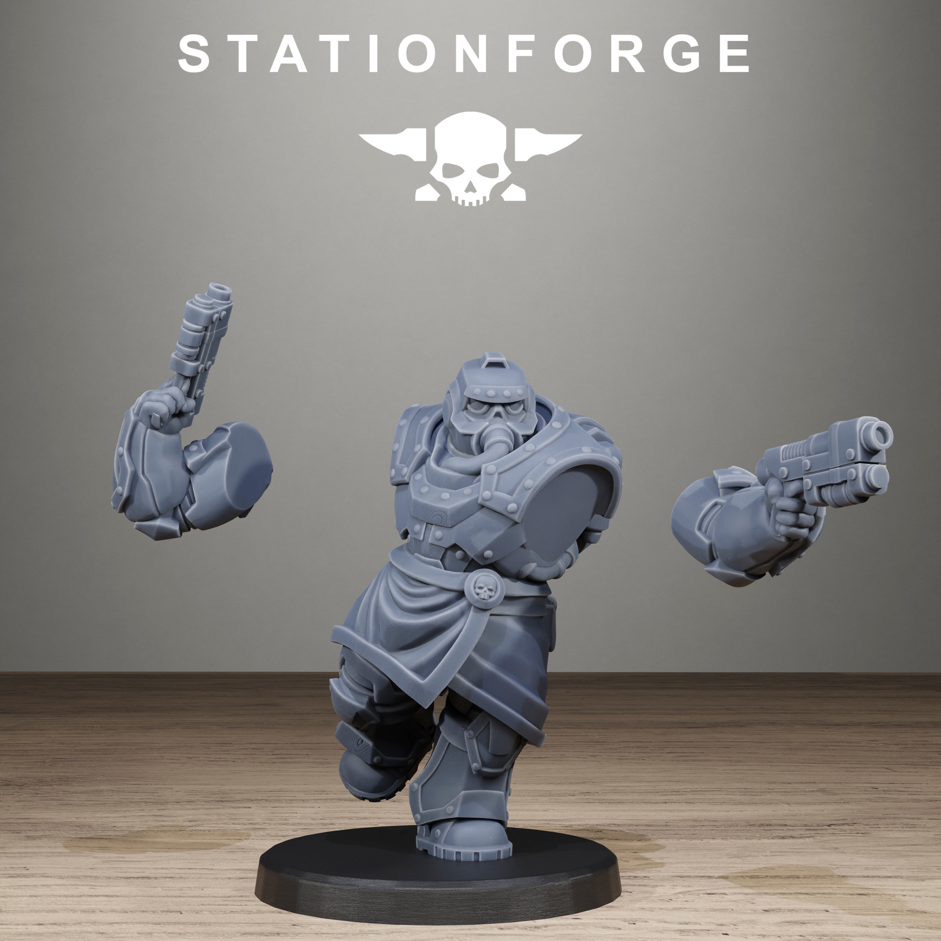 Gray warrior figurine with weapons on a black base against a gray background with 'Stationforge' logo.