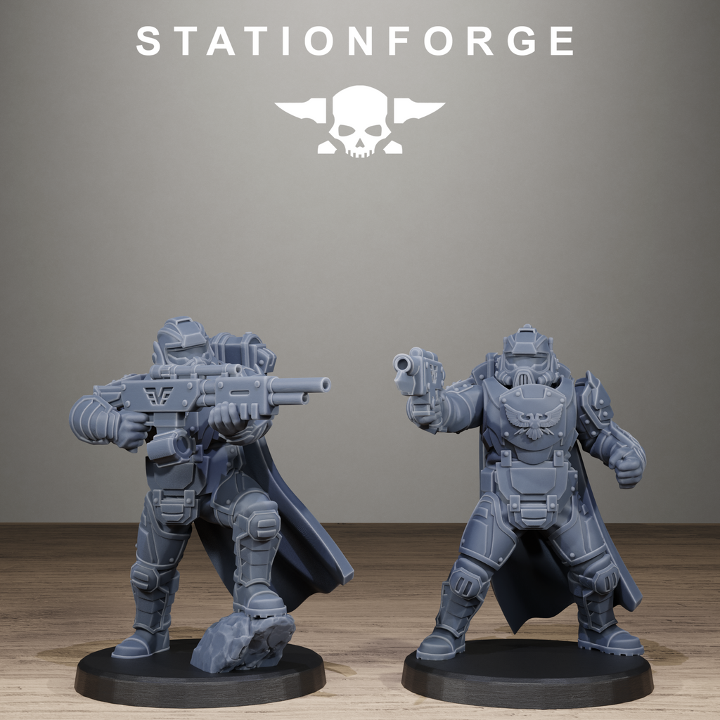 Two gray warrior figurines on black bases with 'Stationforge' logo in the background.