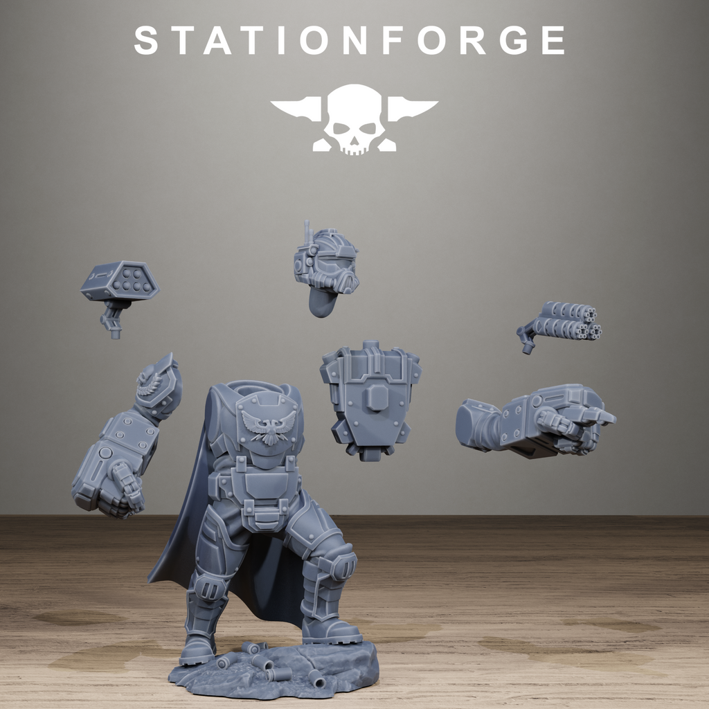 Gray figurine with modular parts on a wooden floor, featuring 'Stationforge' logo.
