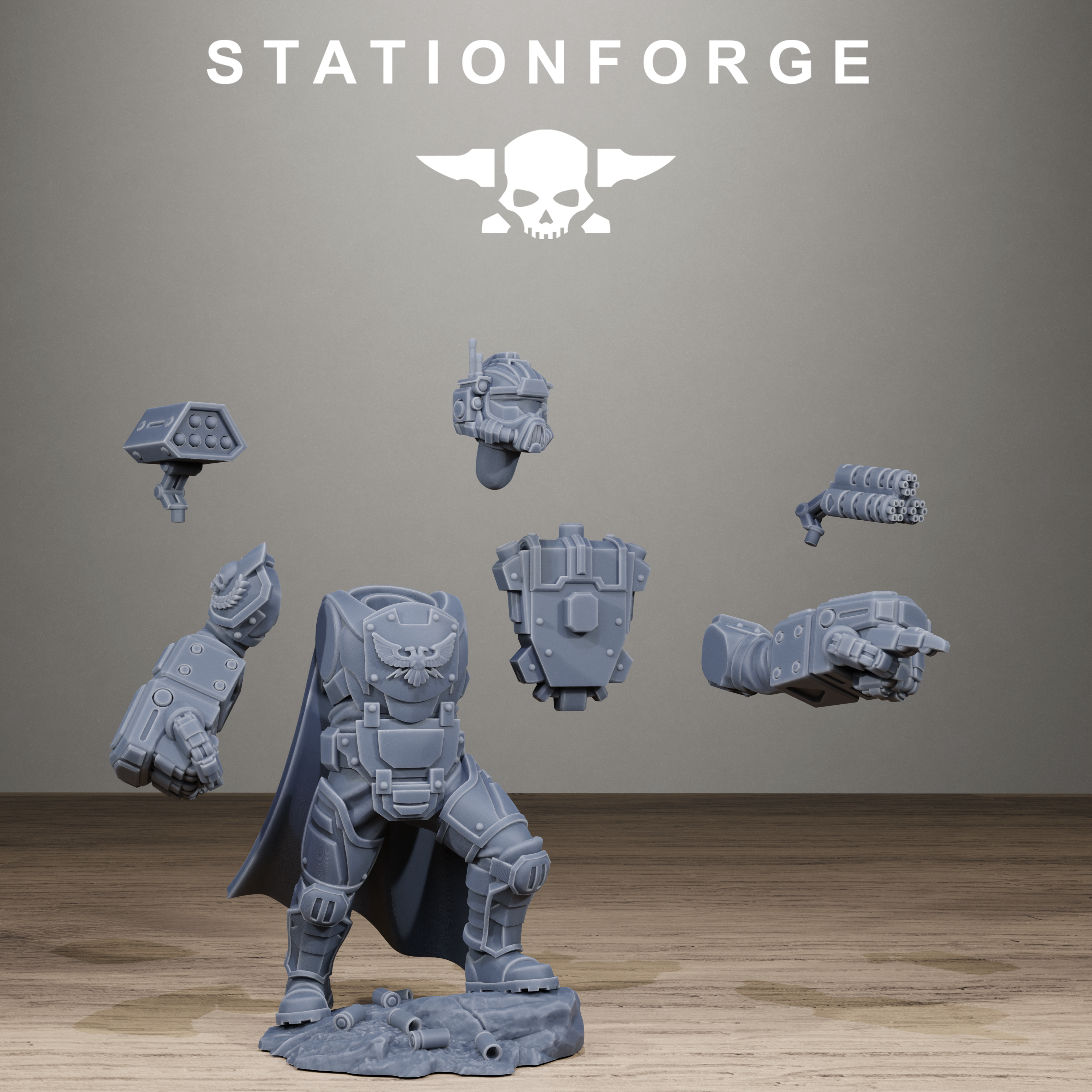 Gray figurine with modular parts on a wooden floor, featuring 'Stationforge' logo.