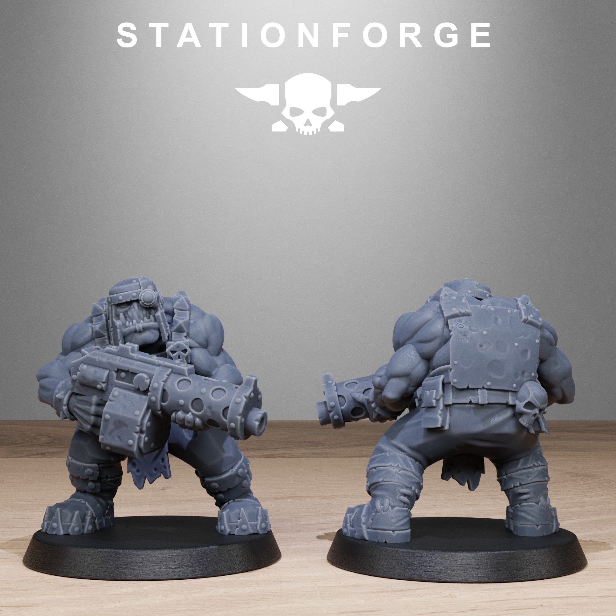 Two gray miniature figures with weapons on black bases against a gray background with 'Stationforge' branding.