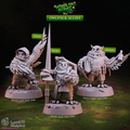 3D printed Owlfolk Allies miniature set featuring three resin sculpts in heroic 32mm scale for D&D, Pathfinder, and tabletop RPG games. Includes Owlfolk Rogue, Squire, and Merchant poses on textured 25mm bases from the Woodland Heroes collection.
