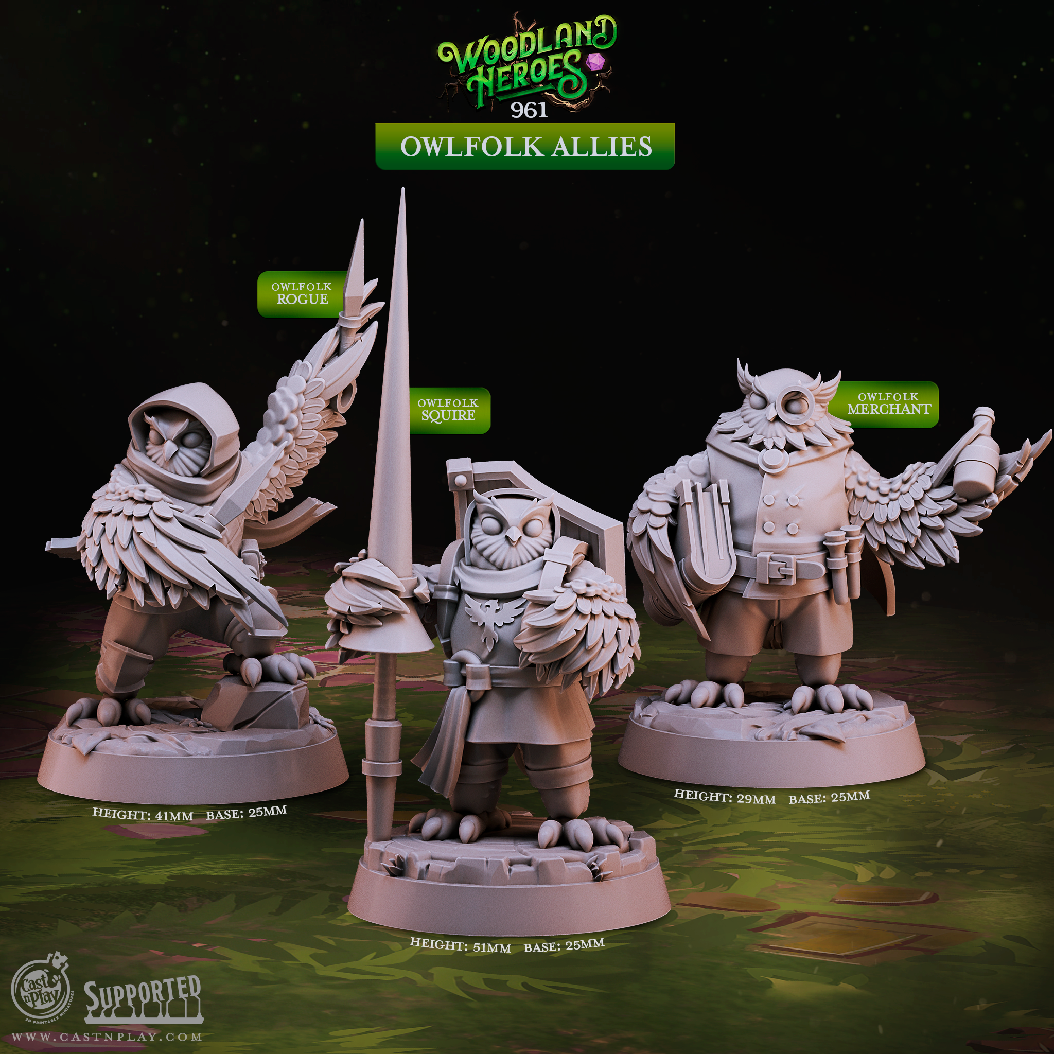 3D printed Owlfolk Allies miniature set featuring three resin sculpts in heroic 32mm scale for D&D, Pathfinder, and tabletop RPG games. Includes Owlfolk Rogue, Squire, and Merchant poses on textured 25mm bases from the Woodland Heroes collection.