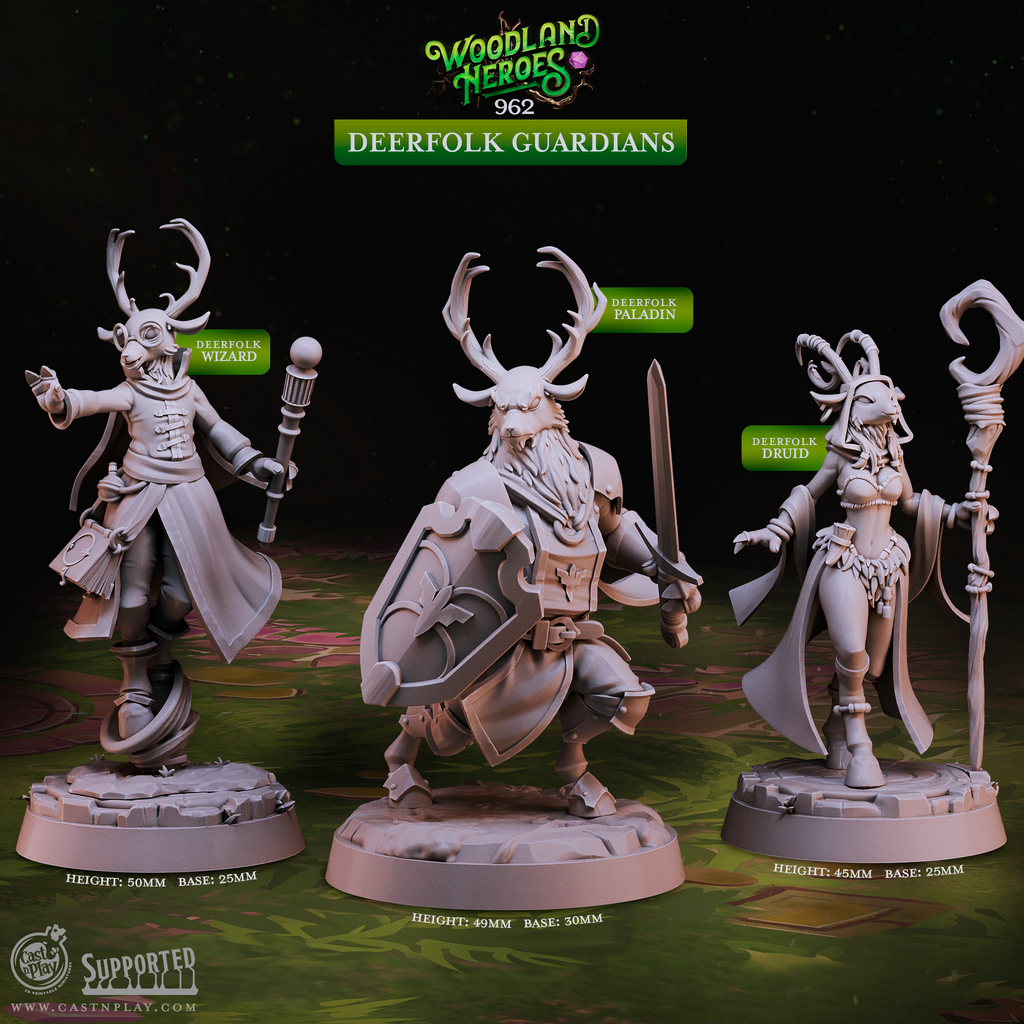 3D printed Deerfolk Guardians miniature set featuring three resin sculpts in heroic 32mm scale for D&D, Pathfinder, and tabletop RPG games. Includes Deerfolk Wizard, Paladin, and Druid poses on 25mm and 30mm bases from the Woodland Heroes collection.