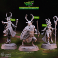 3D printed Deerfolk Guardians miniature set featuring three resin sculpts in heroic 32mm scale for D&D, Pathfinder, and tabletop RPG games. Includes Deerfolk Wizard, Paladin, and Druid poses on 25mm and 30mm bases from the Woodland Heroes collection.