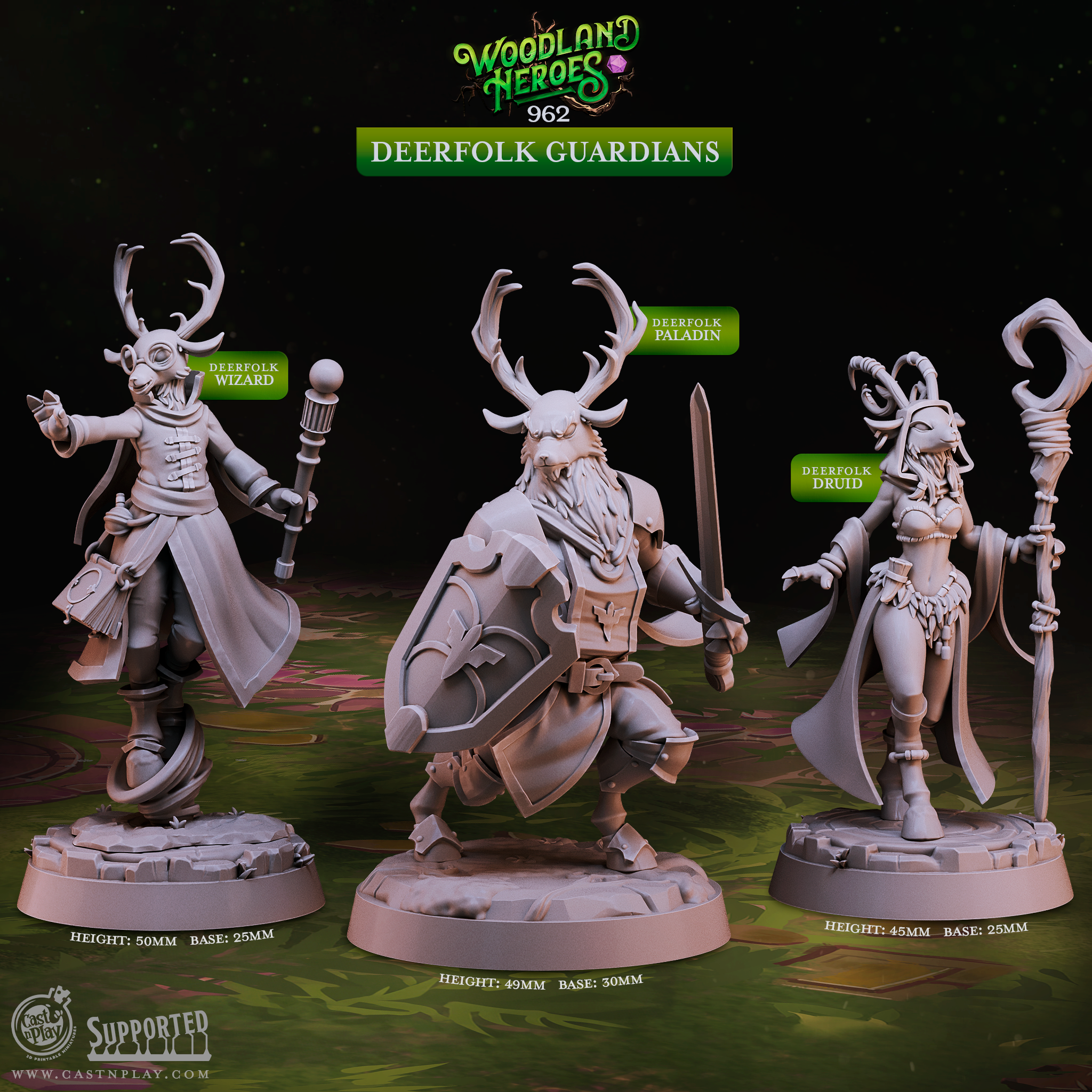 3D printed Deerfolk Guardians miniature set featuring three resin sculpts in heroic 32mm scale for D&D, Pathfinder, and tabletop RPG games. Includes Deerfolk Wizard, Paladin, and Druid poses on 25mm and 30mm bases from the Woodland Heroes collection.