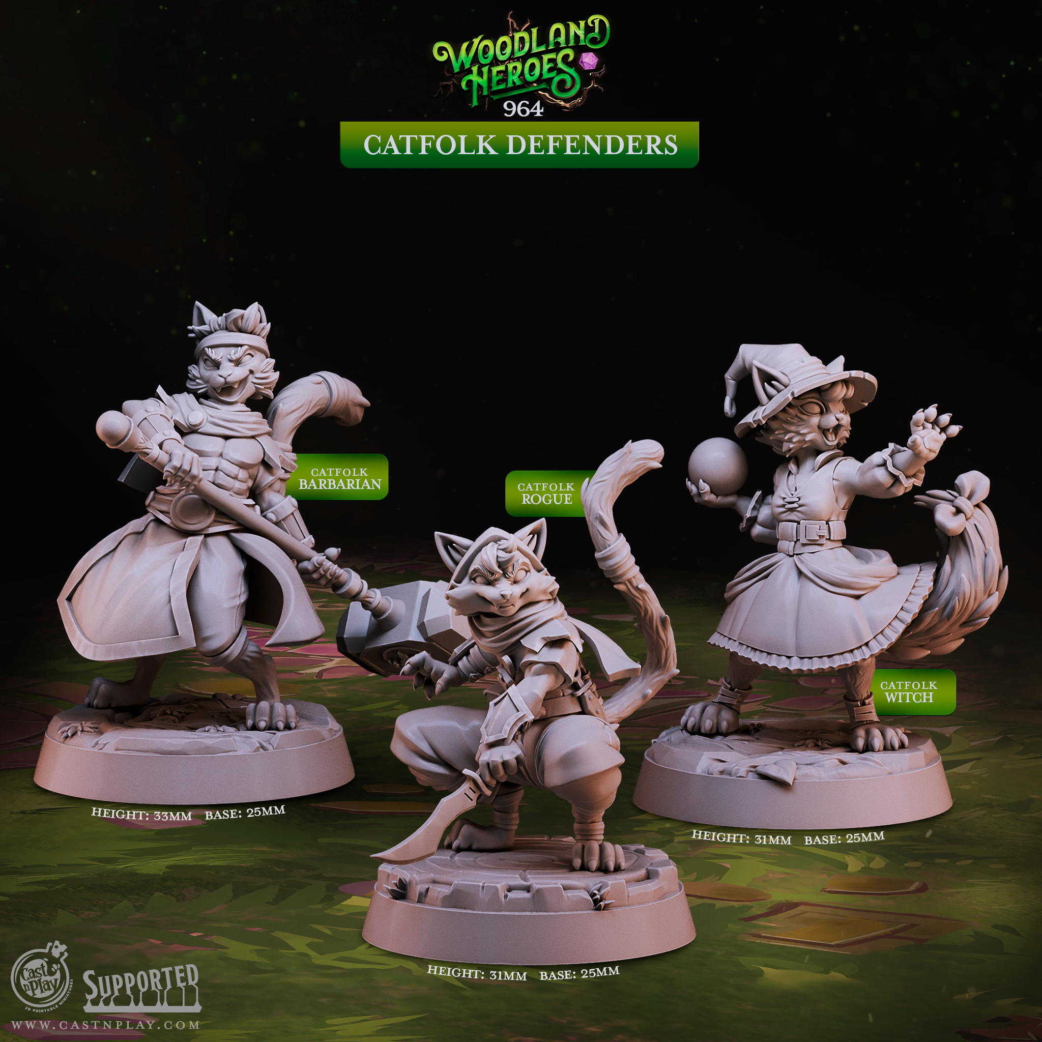Catfolk Defenders | Tabaxi Barbarian Rogue Witch D&D Minis | Heroic 32mm Scale