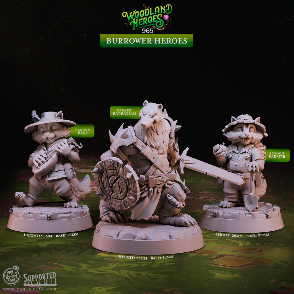 Burrower Heroes | Raccoon & Badger Woodland D&D Tabletop Minis | Heroic 32mm Scale