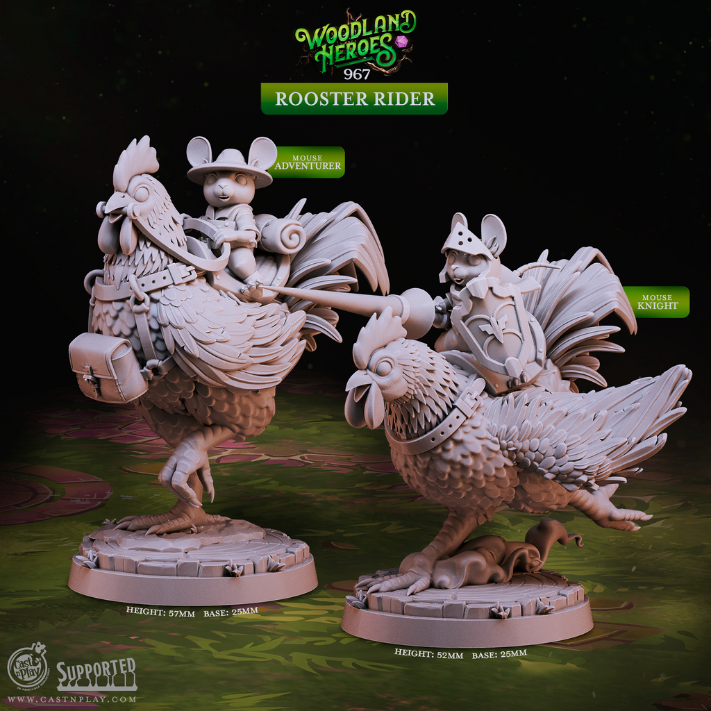 Mouse Rooster Rider Miniatures for D&D and Pathfinder – Set of 2 Mousefolk Mounted on Giant Roosters Including Mouse Adventurer and Mouse Knight with Shield and Lance – 25mm Base, 52-57mm Height – Resin 3D Printed Fantasy Miniature by Cast n Play Woodland Heroes Collection – Mousefolk Cavalry Mounted Mini Humblewood Animal Folk DnD 5e TTRPG Tabletop RPG Wargaming Painting