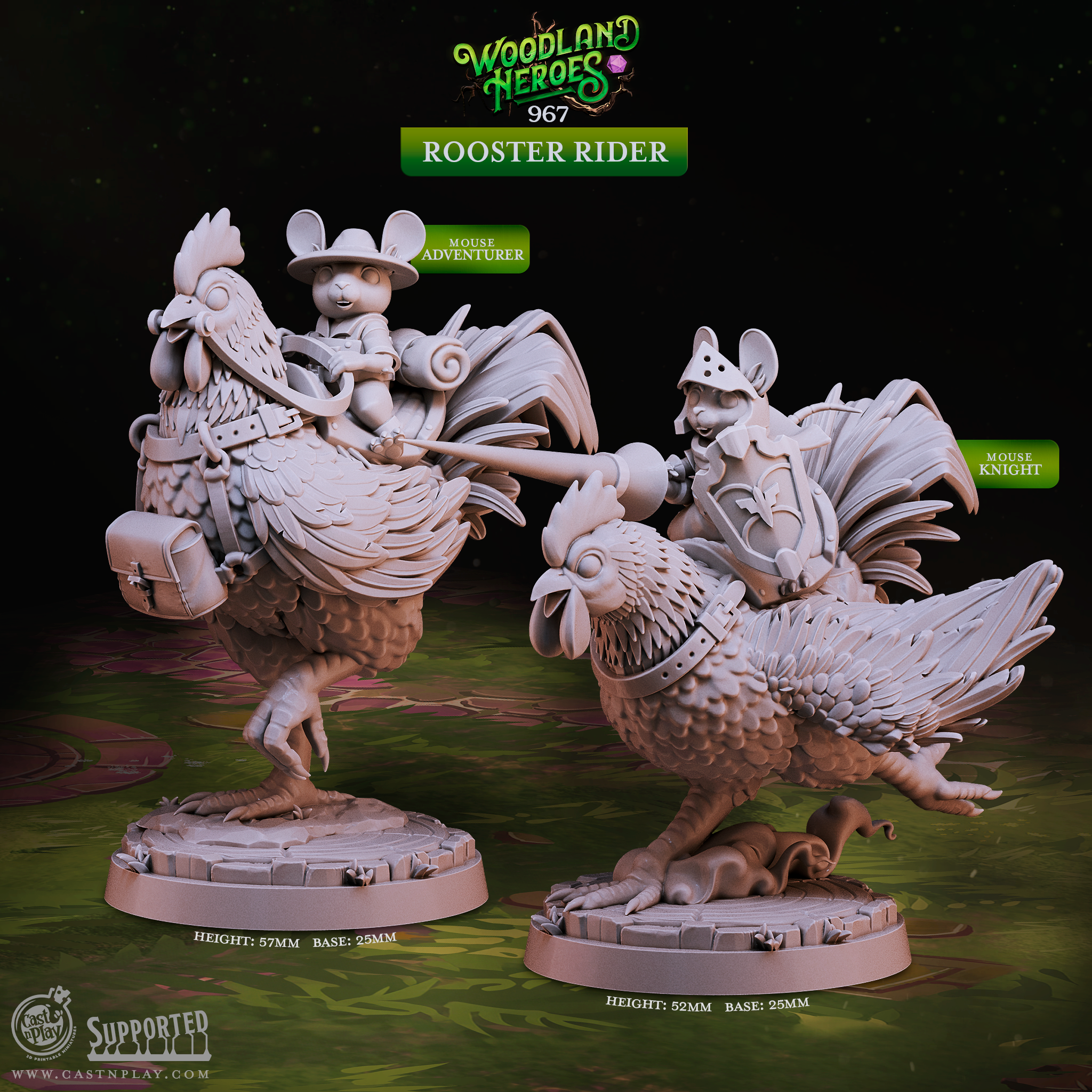 Mouse Rooster Rider Miniatures for D&D and Pathfinder – Set of 2 Mousefolk Mounted on Giant Roosters Including Mouse Adventurer and Mouse Knight with Shield and Lance – 25mm Base, 52-57mm Height – Resin 3D Printed Fantasy Miniature by Cast n Play Woodland Heroes Collection – Mousefolk Cavalry Mounted Mini Humblewood Animal Folk DnD 5e TTRPG Tabletop RPG Wargaming Painting