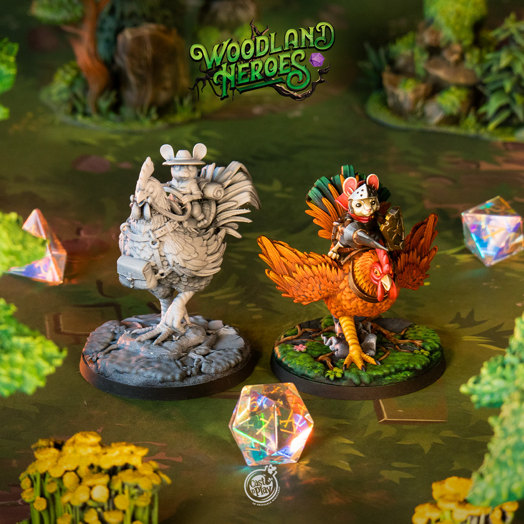 Mouse Rooster Rider Miniatures for D&D Pathfinder – 2 Mousefolk Mounted Knight Minis – 25mm Base Resin 3D Printed TTRPG