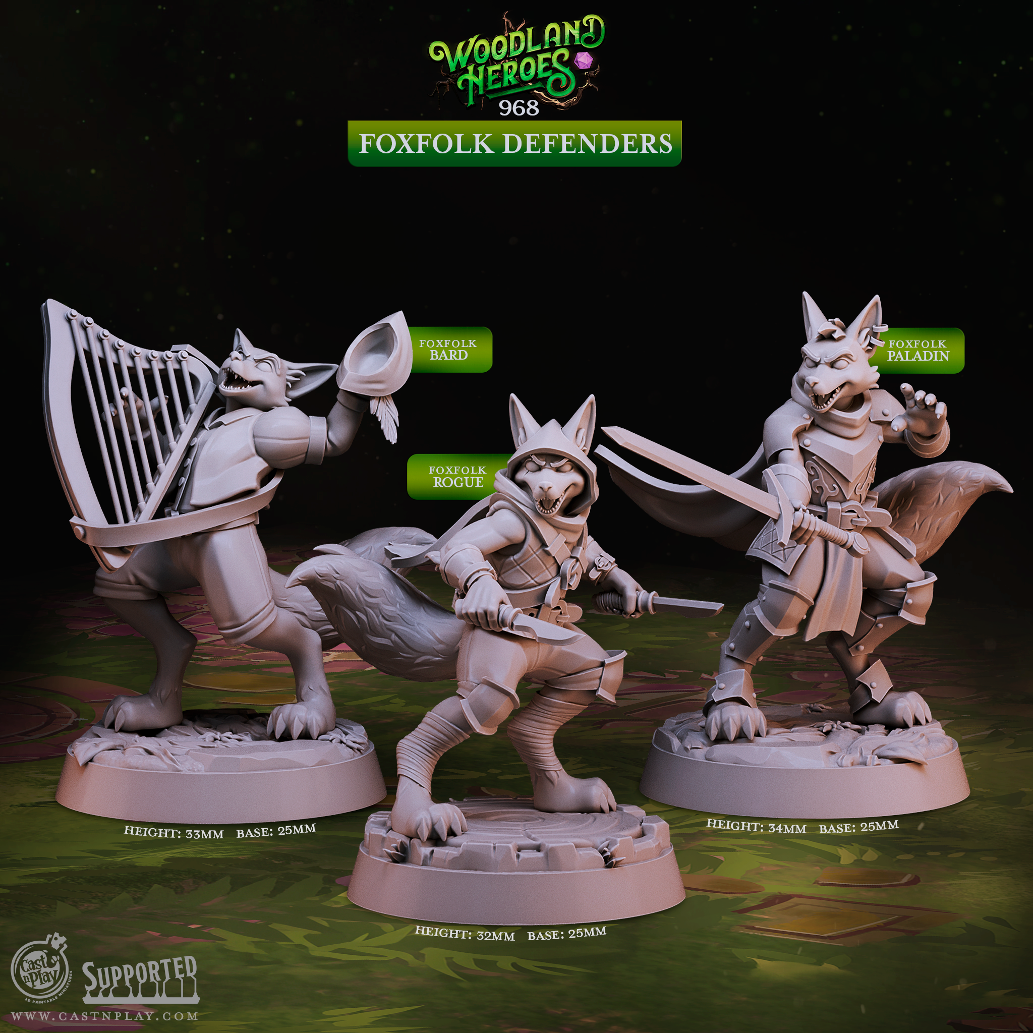 Foxfolk Defender Miniatures for D&D and Pathfinder – Set of 3 Fox Kitsune Heroes Including Bard with Harp, Rogue with Daggers, and Paladin in Armor – 25mm Base, 32-34mm Height – Resin 3D Printed Fantasy Miniature by Cast n Play Woodland Heroes Collection – DnD 5e Vulpin Foxfolk Anthro Animal Folk TTRPG Tabletop RPG Wargaming Painting