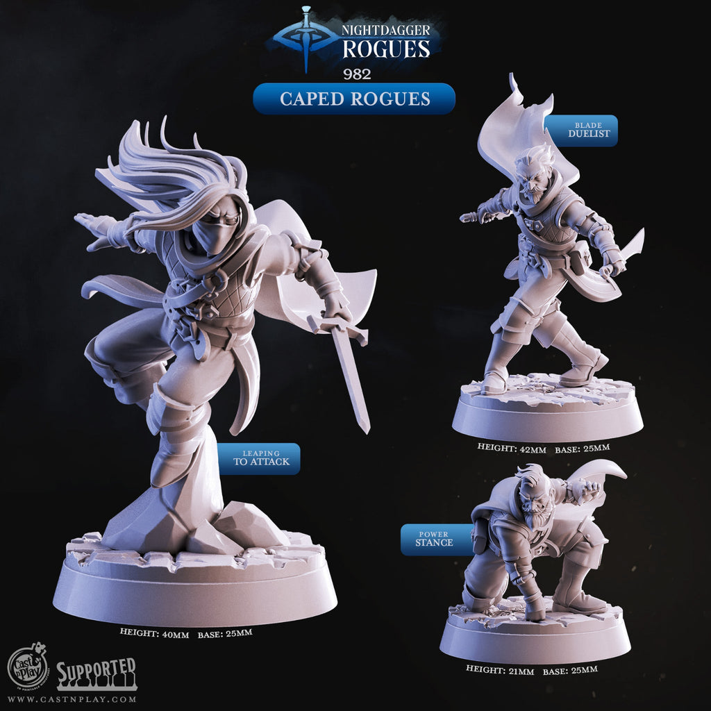 Steampunk Rogue Miniatures for D&D and Pathfinder – Set of 3 Hooded Thieves with Mechanical Arms, Daggers, and Goggles in Dynamic Action Poses – Gnome and Human Rogues – 25mm Base, 32-46mm Height – Resin 3D Printed Fantasy Miniature by Cast n Play Nightdagger Rogues Collection – DnD 5e Artificer Thief Assassin TTRPG Tabletop RPG Wargaming