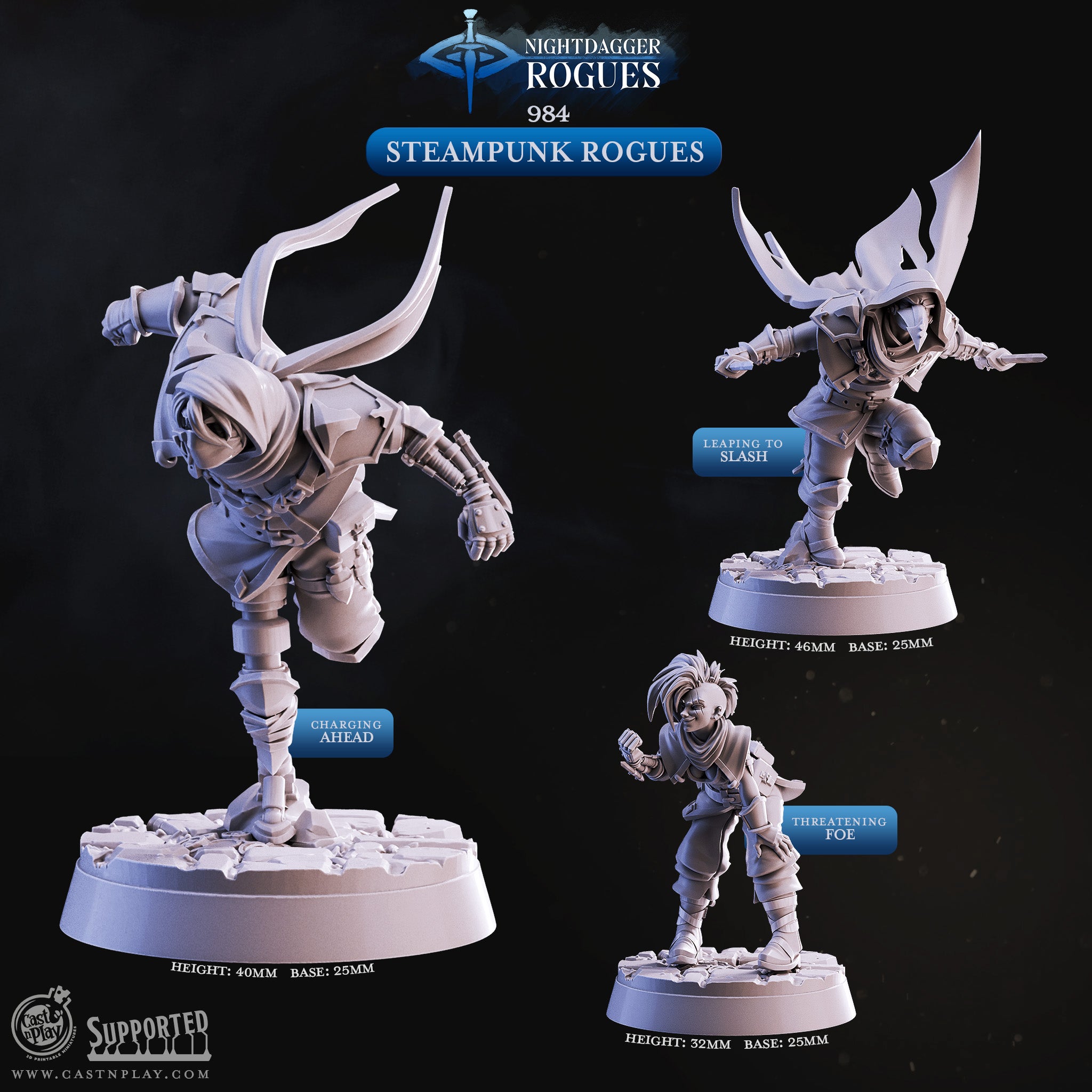Steampunk Rogue Miniatures for D&D and Pathfinder – Set of 3 Hooded Thieves with Mechanical Arms, Daggers, and Goggles in Dynamic Action Poses – Gnome and Human Rogues – 25mm Base, 32-46mm Height – Resin 3D Printed Fantasy Miniature by Cast n Play Nightdagger Rogues Collection – DnD 5e Artificer Thief Assassin TTRPG Tabletop RPG Wargaming
