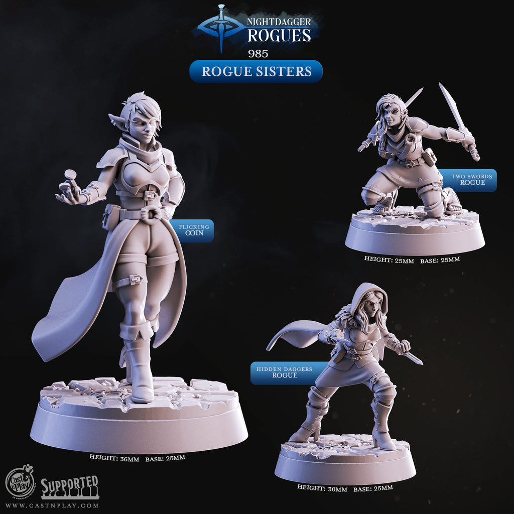 Assemble your rogue squad with these Rogue Sisters! Three unique female Elf and Human rogue models, 3D printed in ABS-Like resin at 16K resolution. 32mm heroic scale. Perfect for D&D and Pathfinder campaigns. Ready to paint!